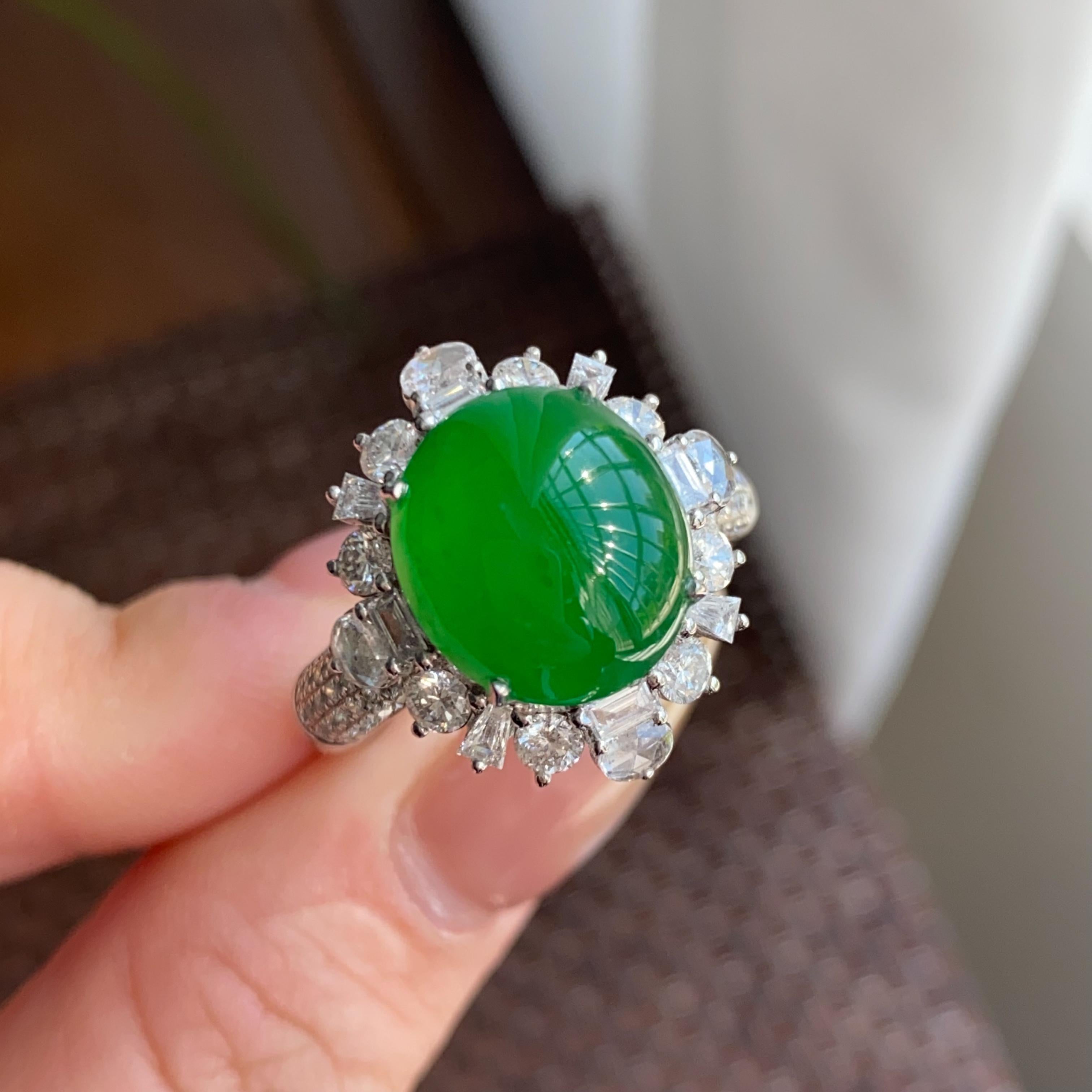 18k金钻镶冰种阳绿蛋面戒指（yc264995）