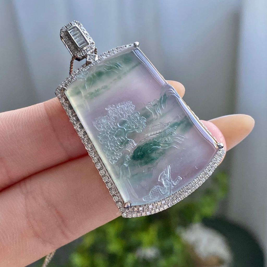 18k金钻镶冰种飘花山水牌吊坠（yc205075）