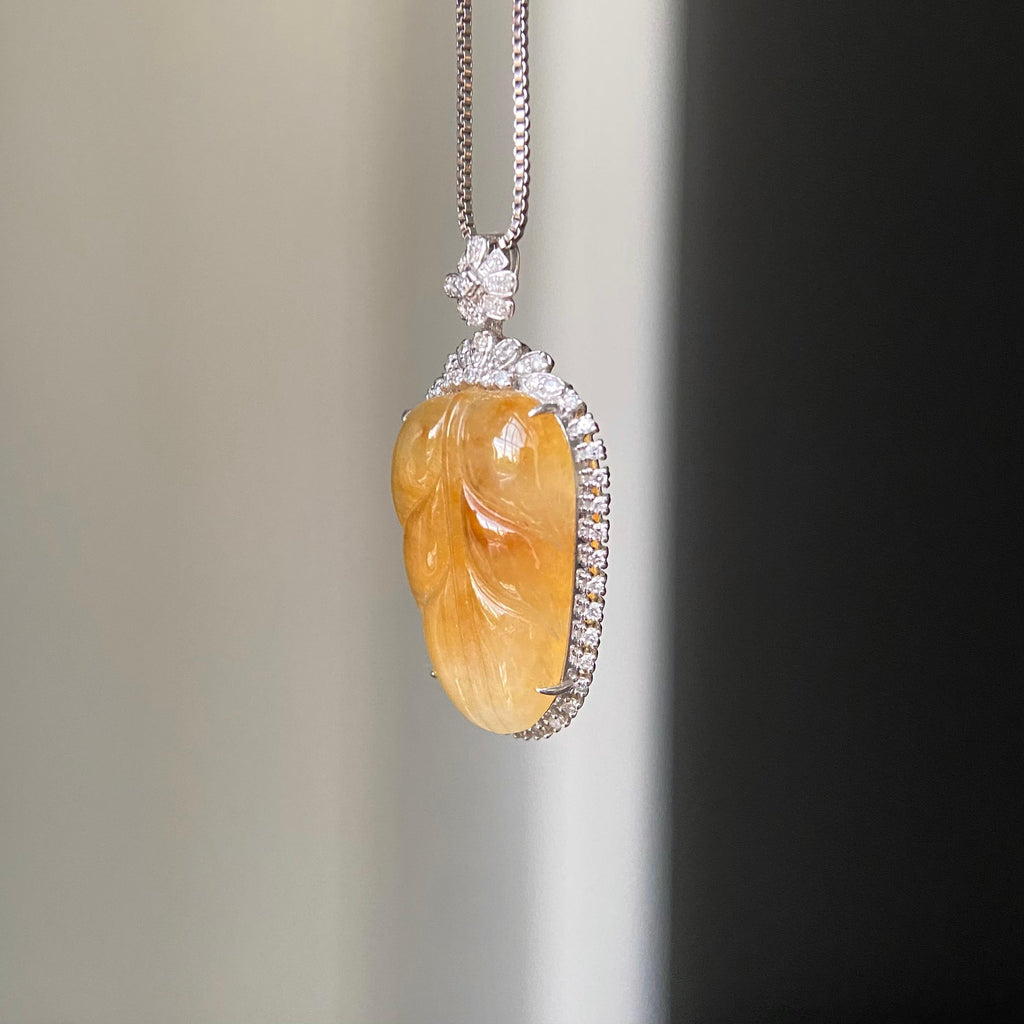 18k金钻镶冰种黄翡玉叶吊坠（yc219270）