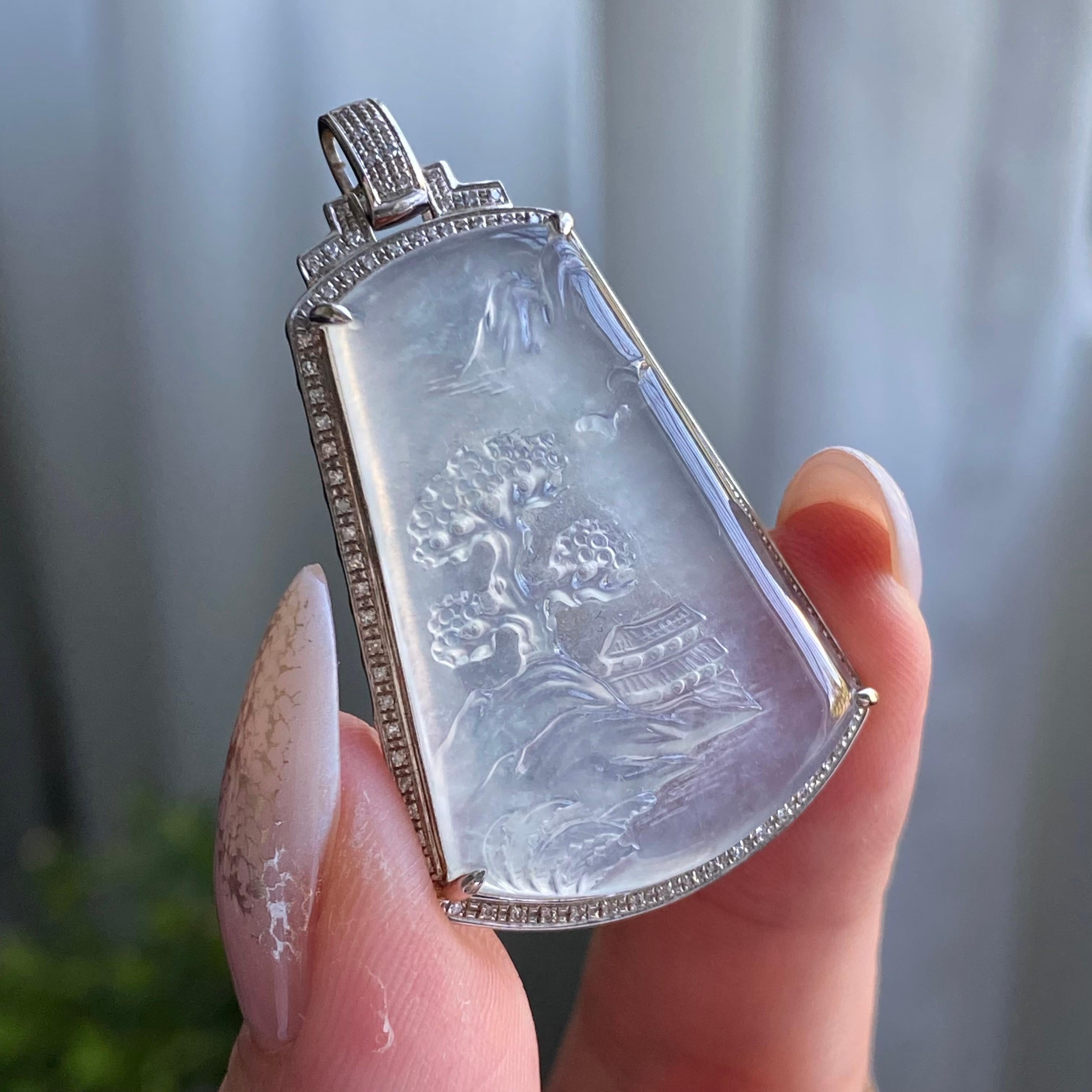 18k金钻镶冰种白月光山水牌吊坠（yc205093）