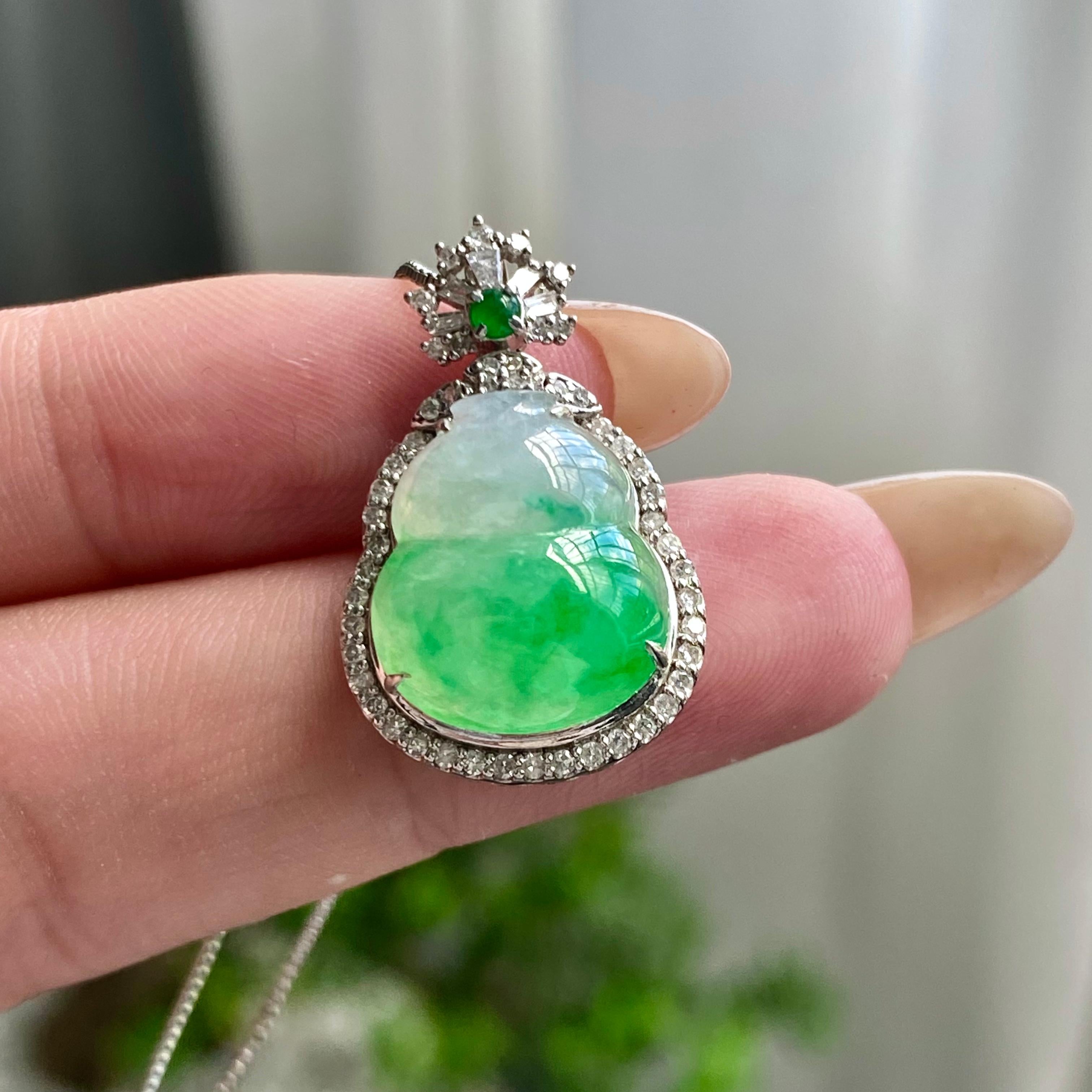 18k金钻镶冰种飘花葫芦吊坠（yc204464）