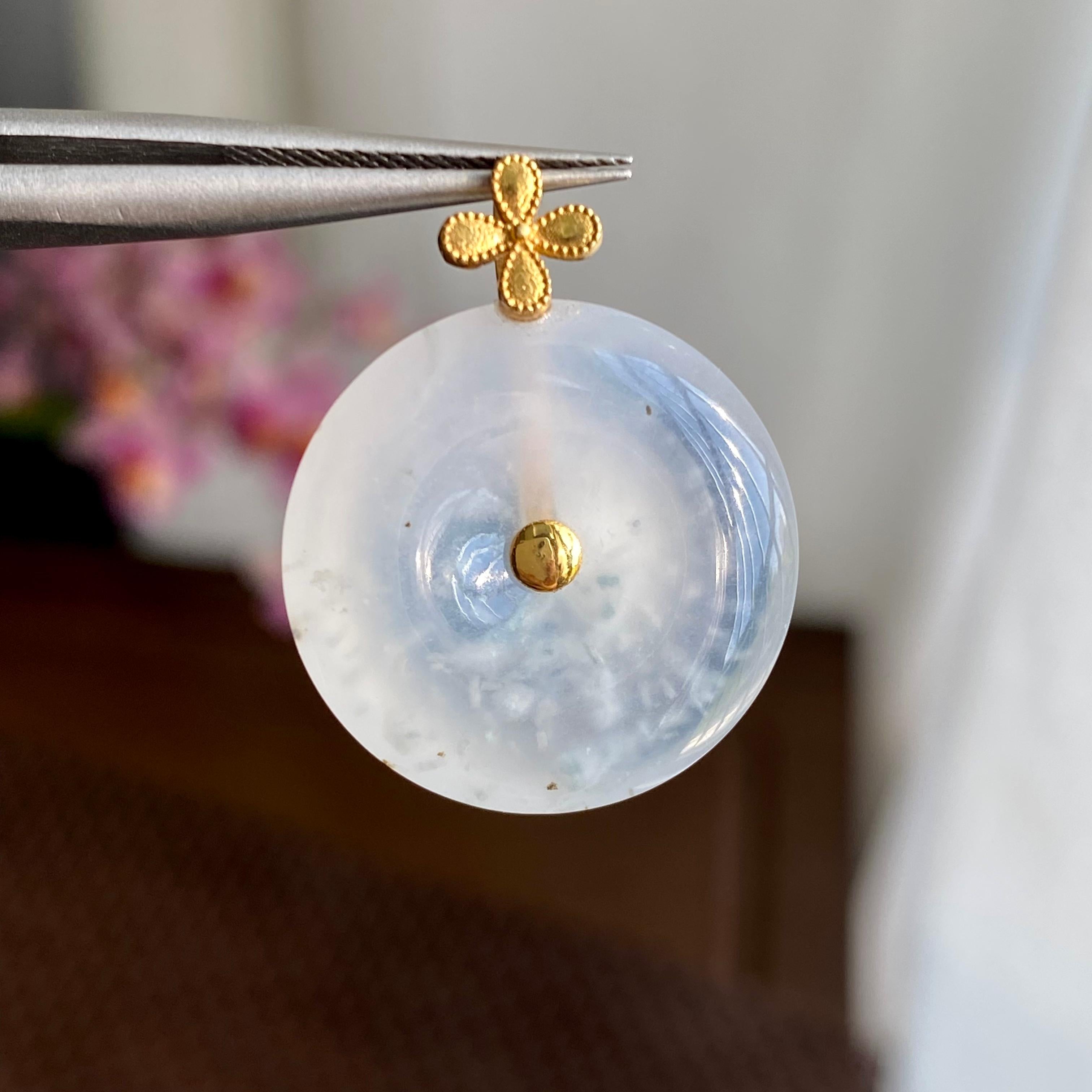 18K金钻镶冰种雪花棉平安扣吊坠（yc293805）