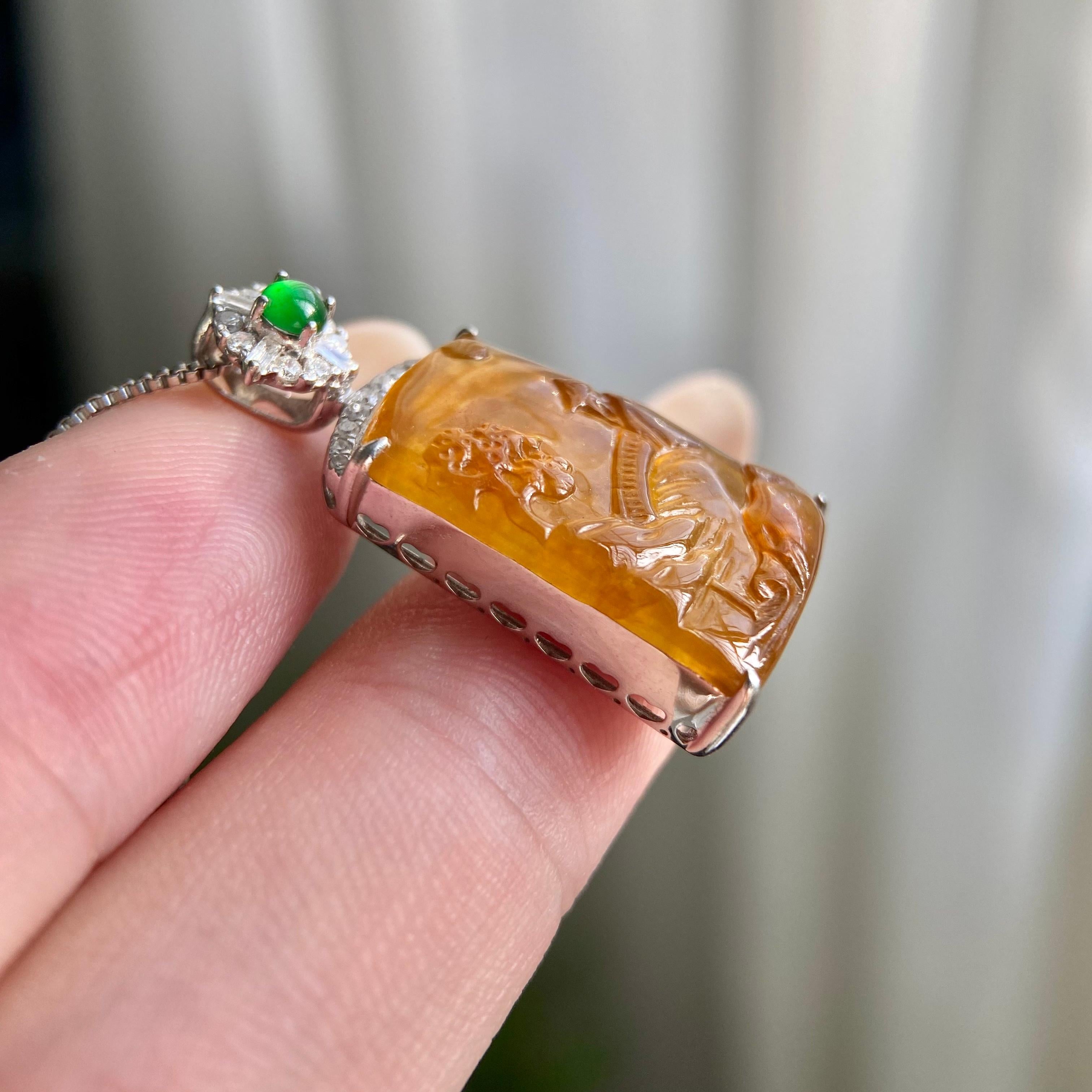 18k金钻镶冰种黄翡山水牌吊坠（yc216834）