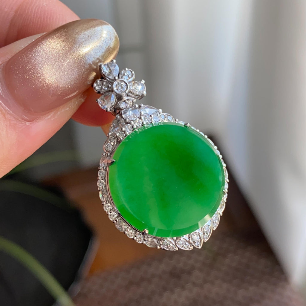 18k金钻镶冰种阳绿圆牌吊坠（yc264961）