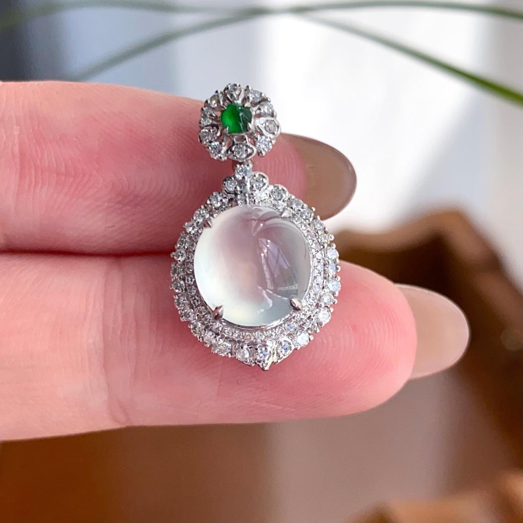 18k金钻镶冰玻种白月光蛋面吊坠（yc256162）