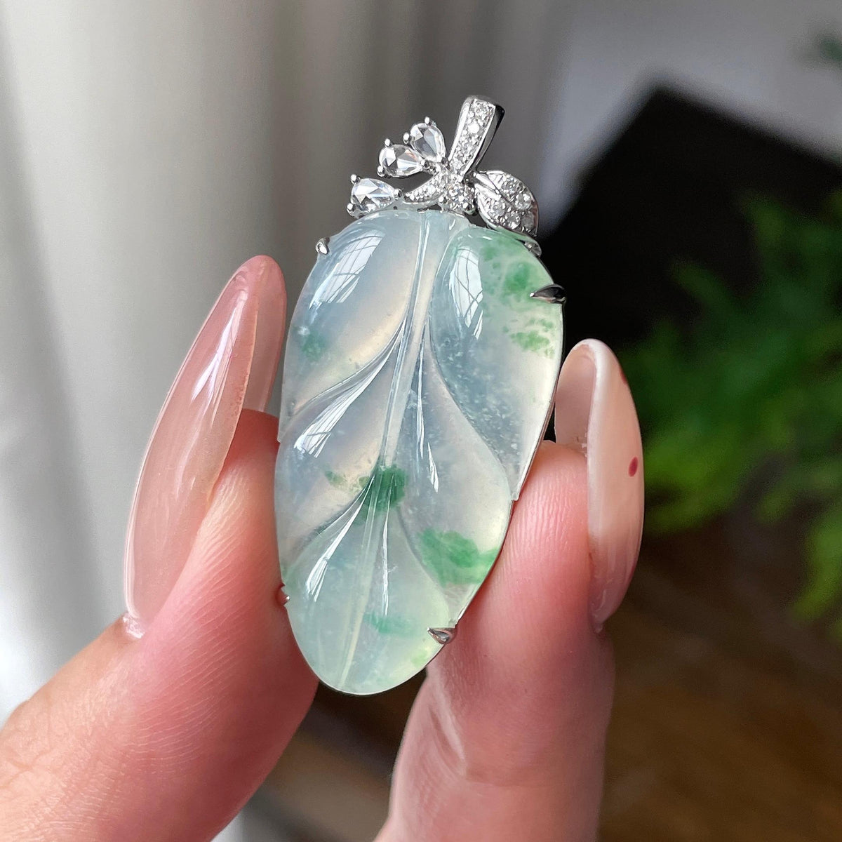 18K金镶冰飘花叶子吊坠 天然缅甸A货翡翠（yc701116）