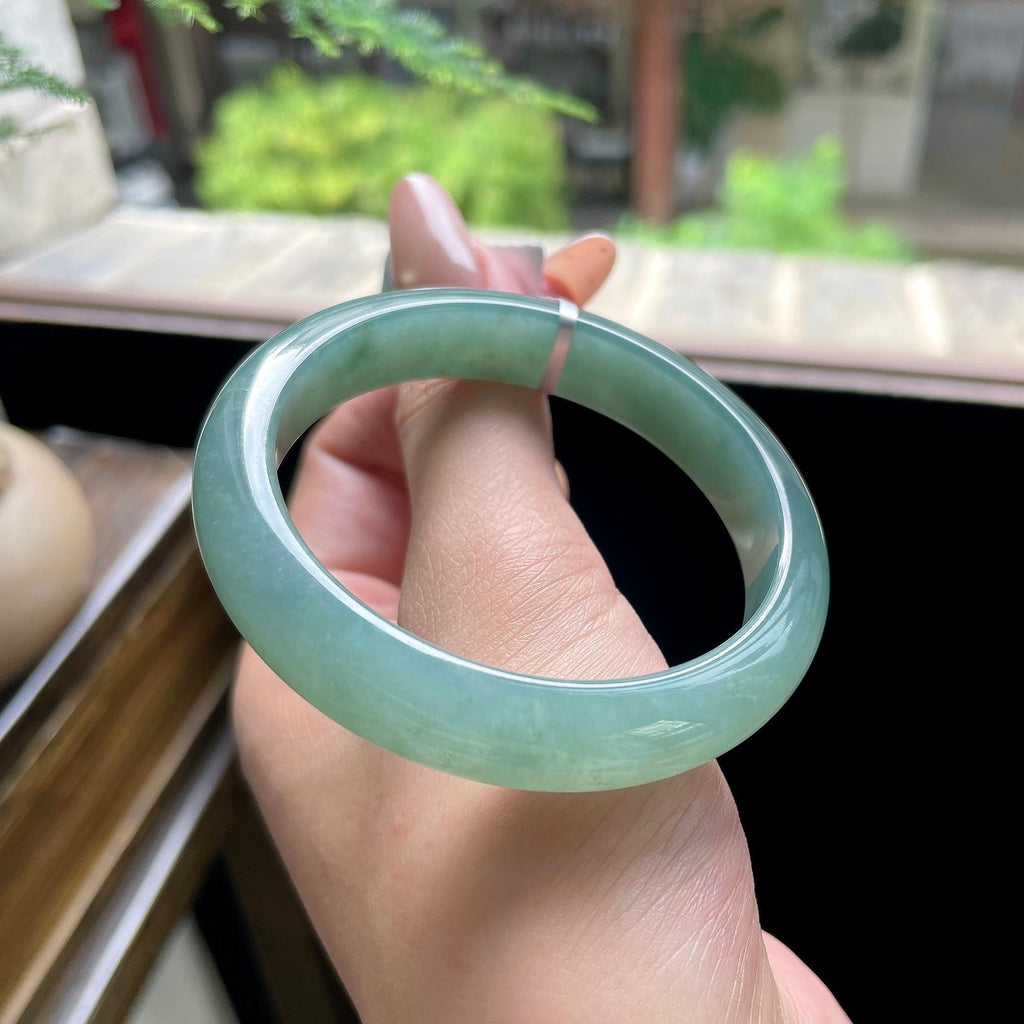 小圈口 细糯种油青色湖水绿正圈平安镯 52圈 天然缅甸A货翡翠（yc693162）