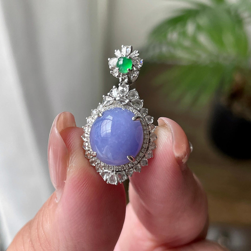 18K金钻镶细糯种紫罗兰蛋面吊坠 天然缅甸A货翡翠（yc526012）