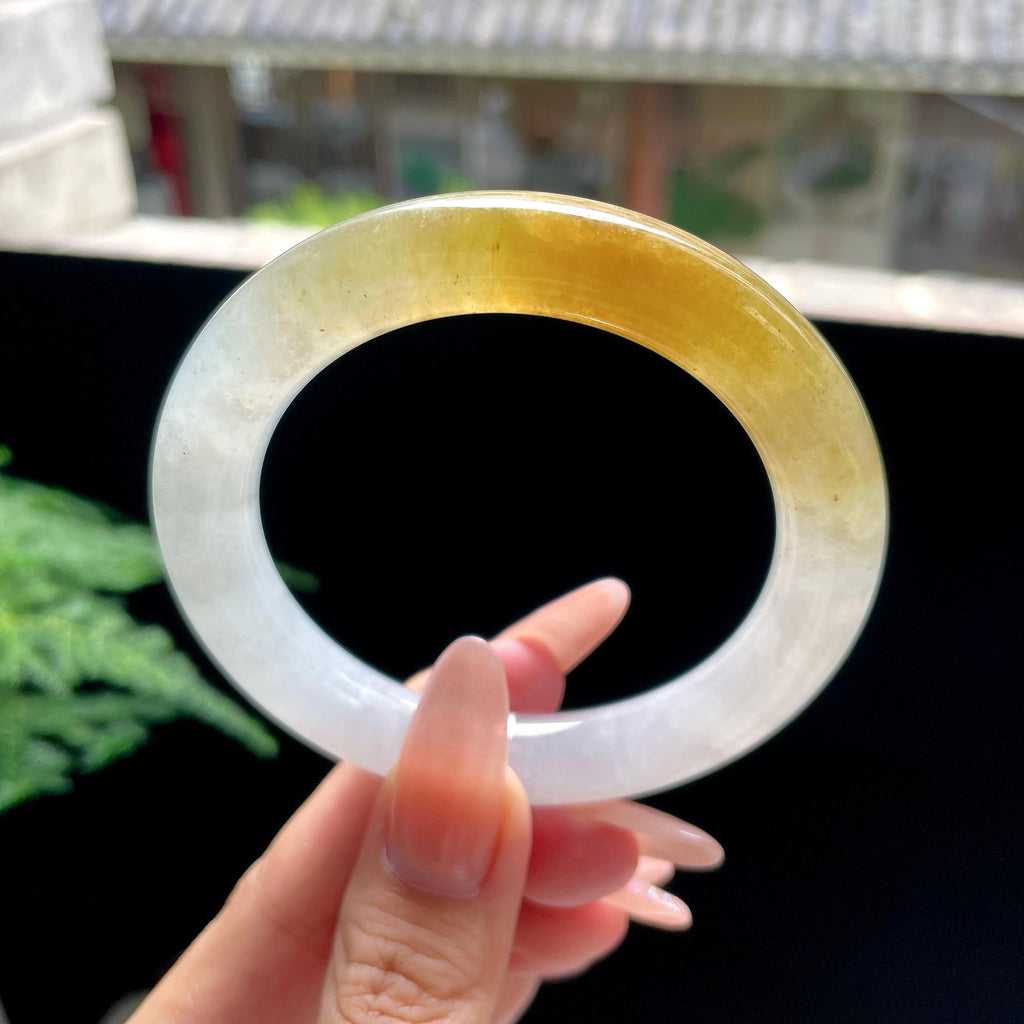 糯冰种黄翡圆条 54.5圈口 天然缅甸A货翡翠（yc527795）