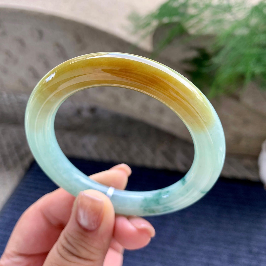 细糯种黄翡飘蓝花圆条手镯 54.3圈口 天然缅甸A货翡翠（yc701219）