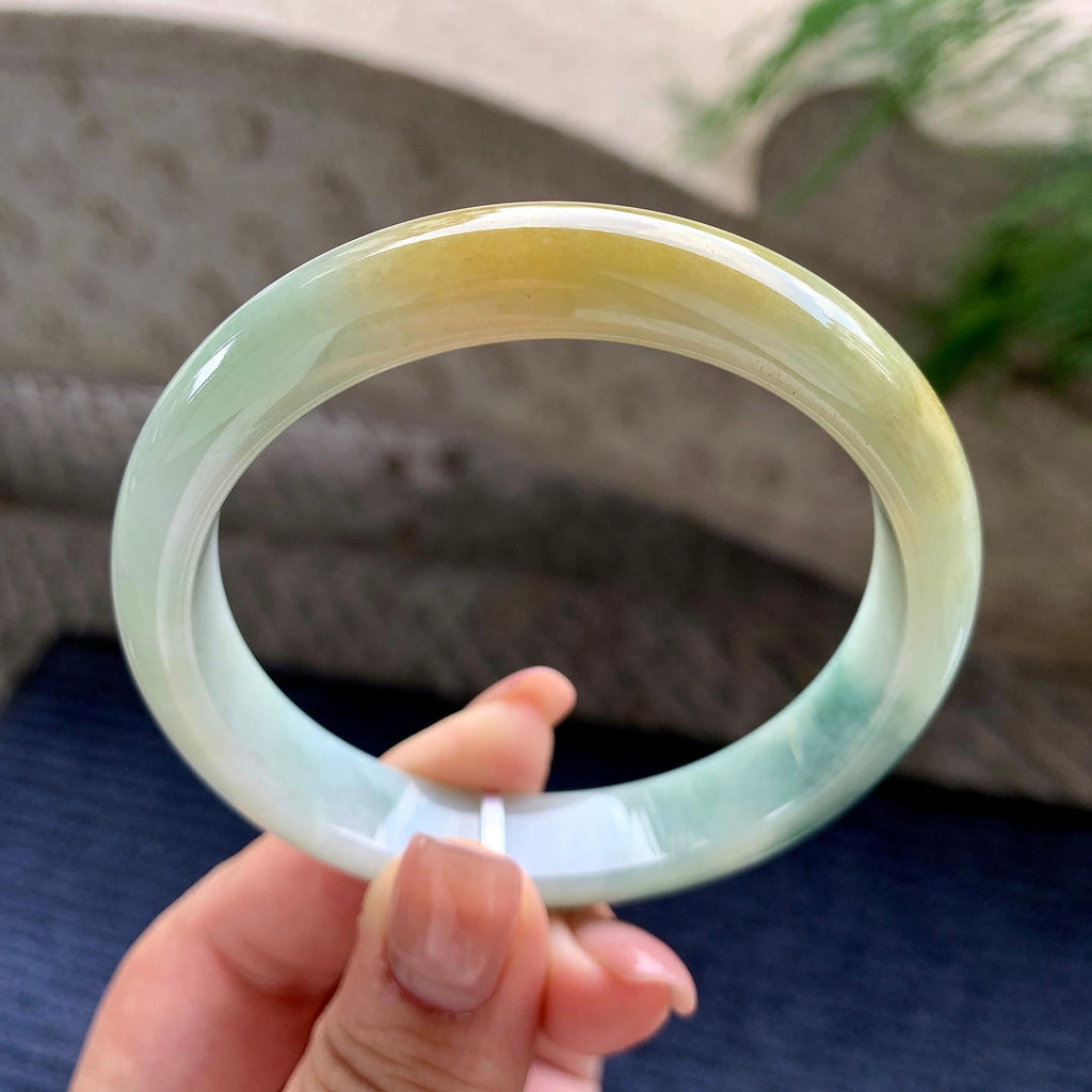 大圈口 细糯种黄翡飘蓝花正圈平安镯 59圈口 天然缅甸A货翡翠（yc524449）