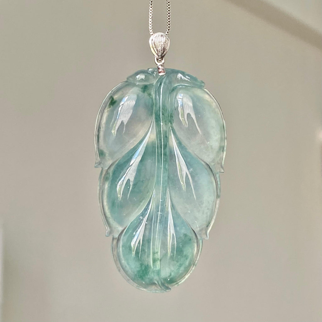 18k金钻镶冰种飘花玉叶吊坠（yc214465）