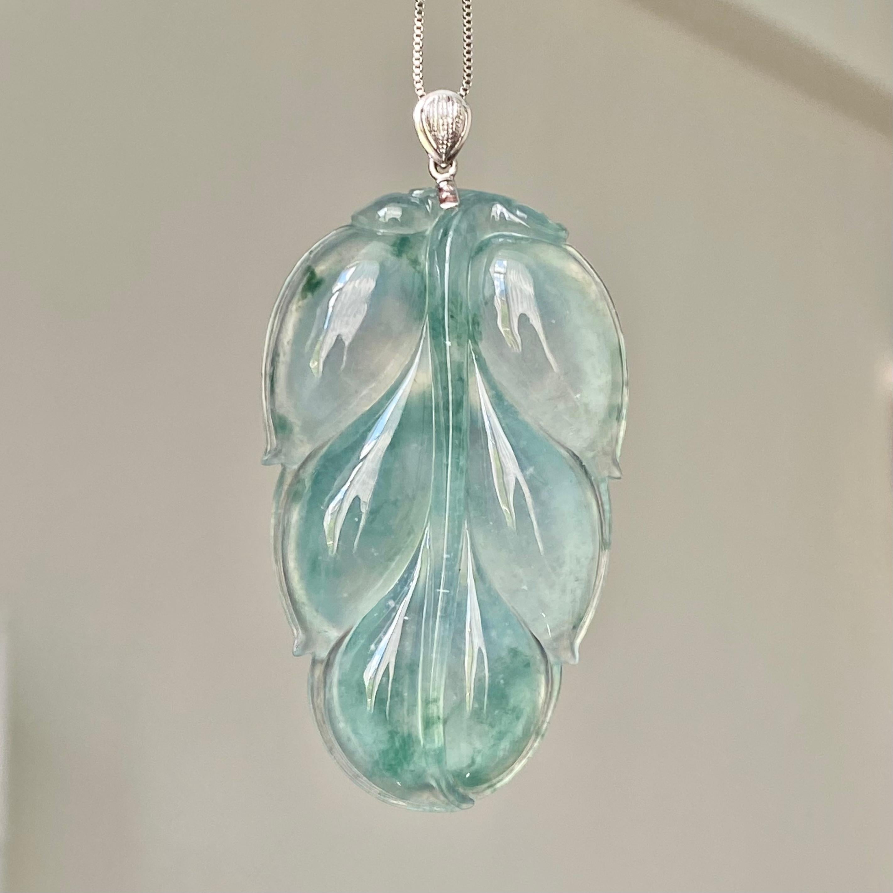 18k金钻镶冰种飘花玉叶吊坠（yc214465）