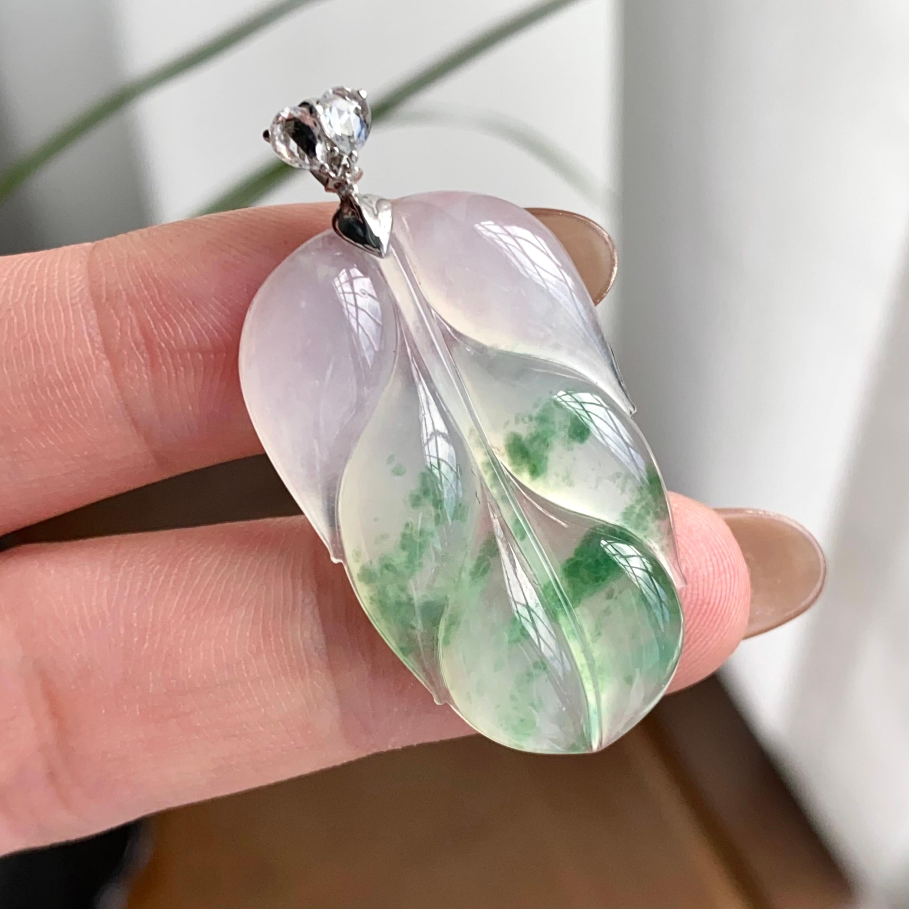 18k金钻镶冰种飘花玉叶吊坠（yc262716）