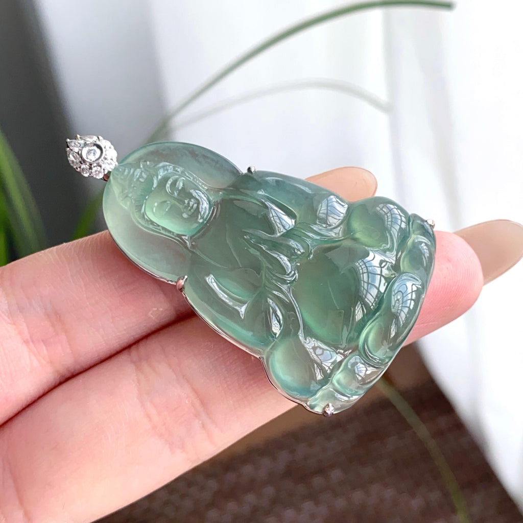 18k金钻镶冰种湖水绿观音吊坠（yc250195）