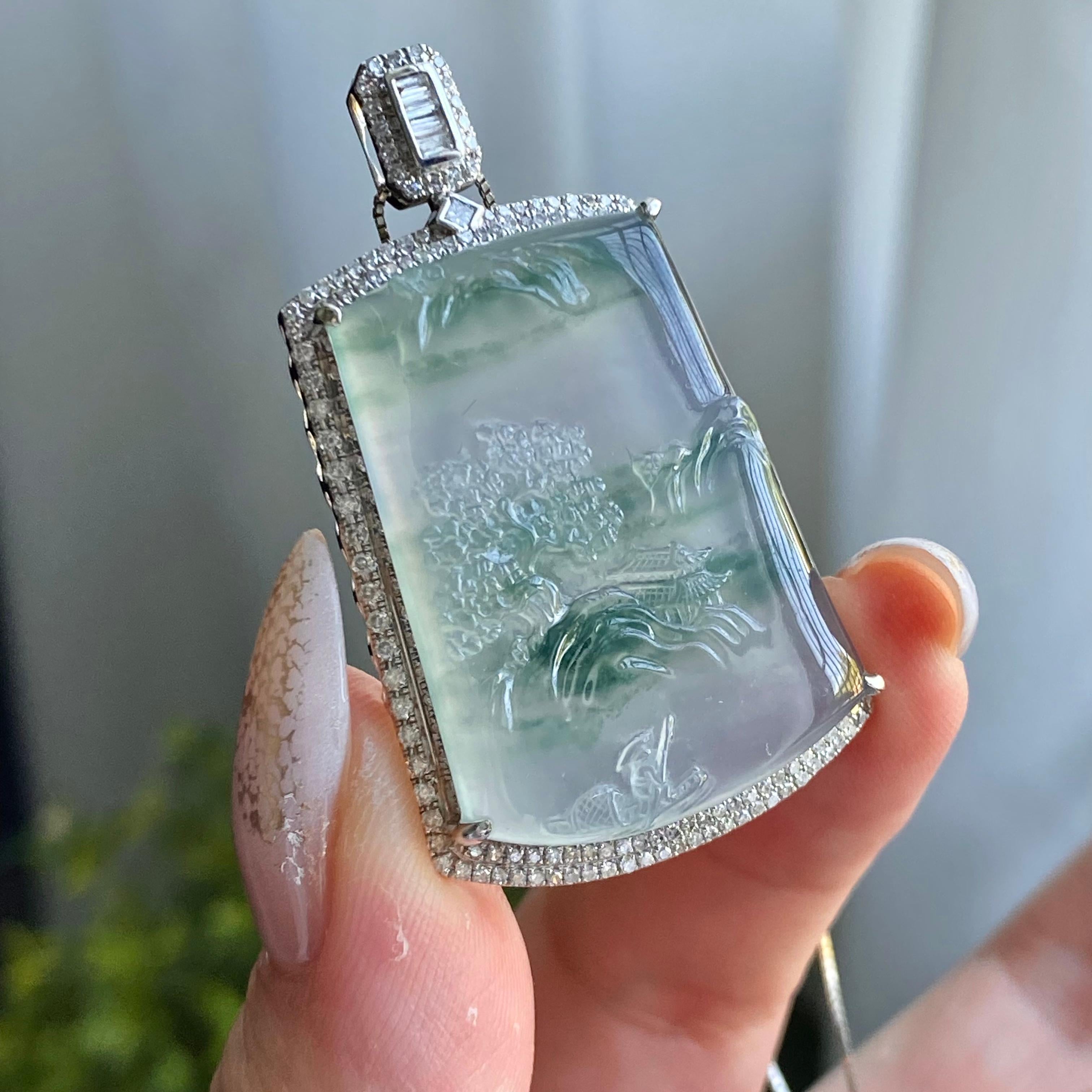 18k金钻镶冰种飘花山水牌吊坠（yc205075）