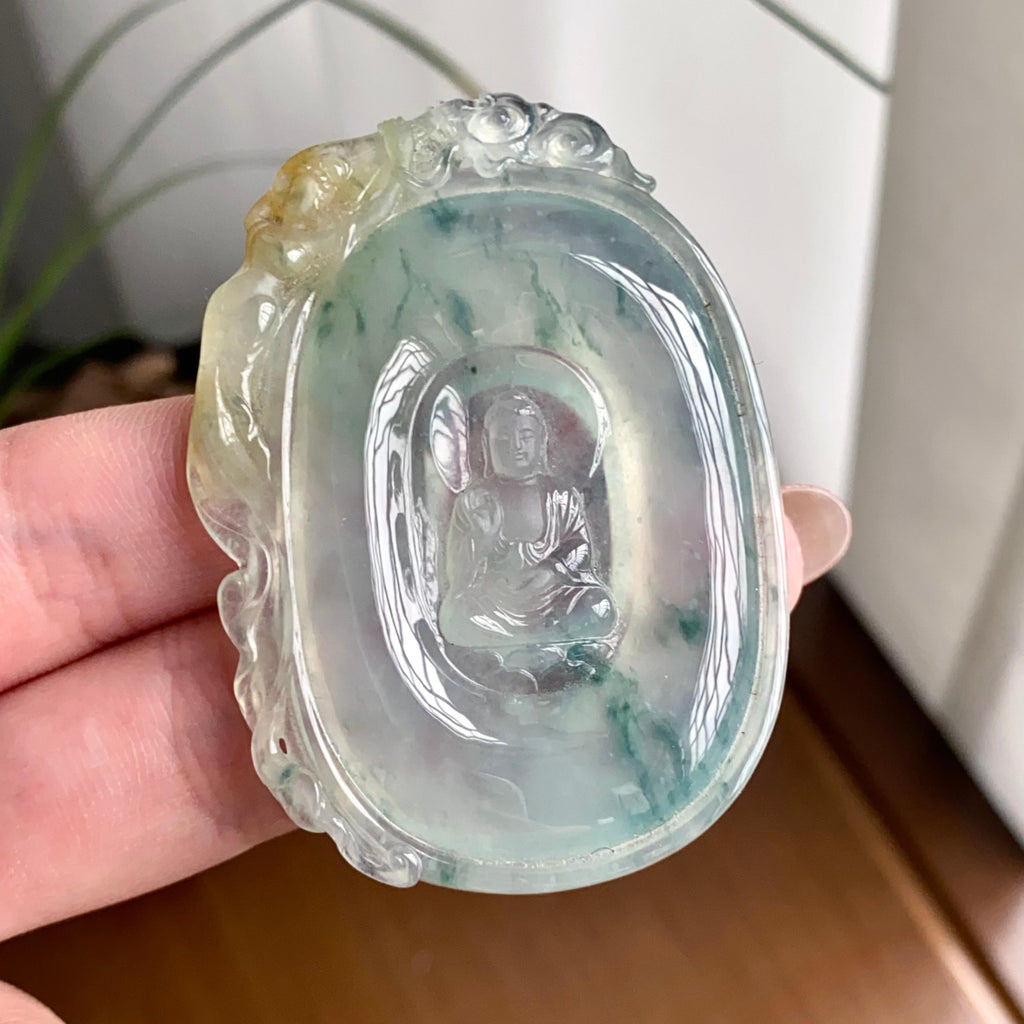 冰种黄加绿飘花佛牌吊坠（yc260833）