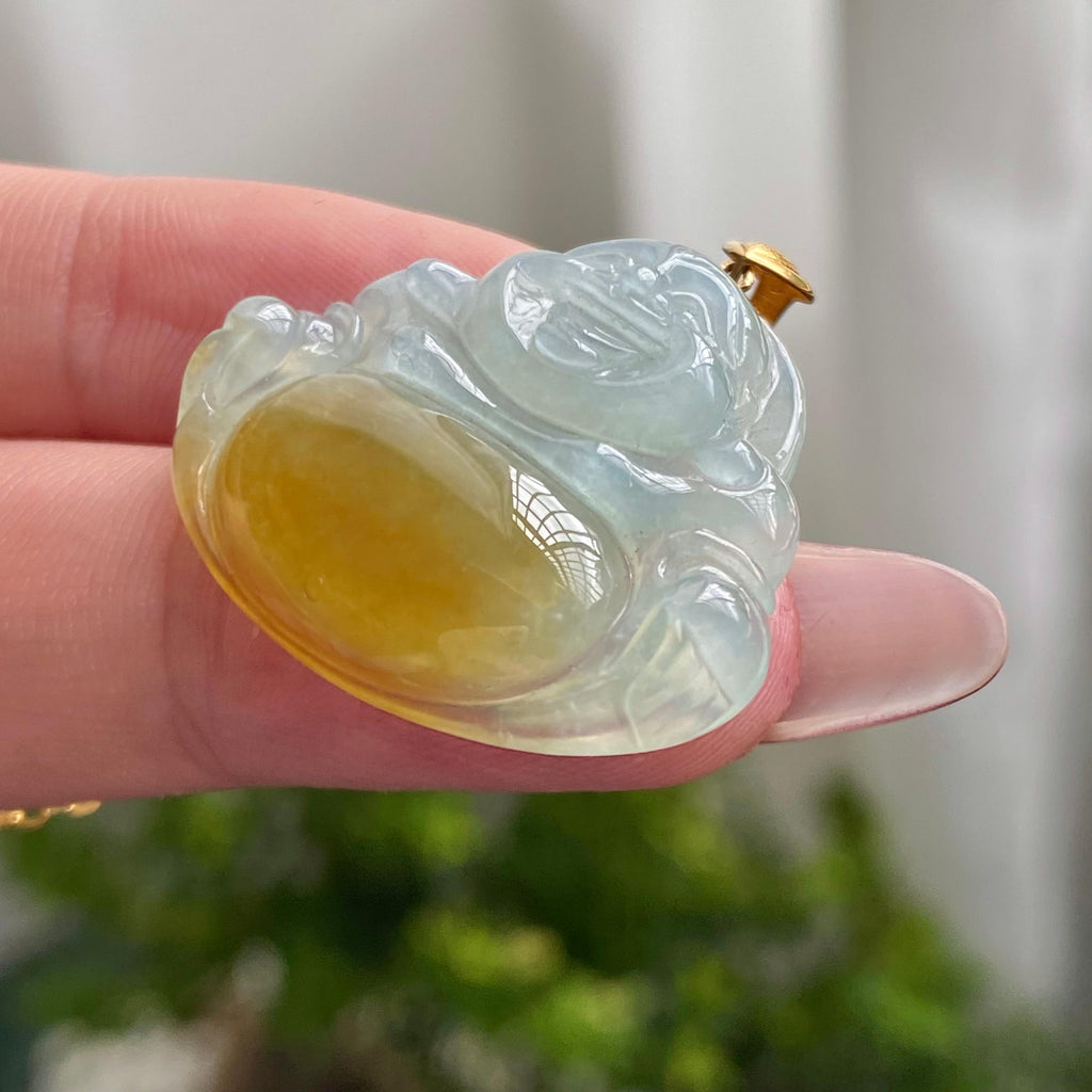 18k金镶冰种黄翡肚里藏金佛公吊坠（yc200394）