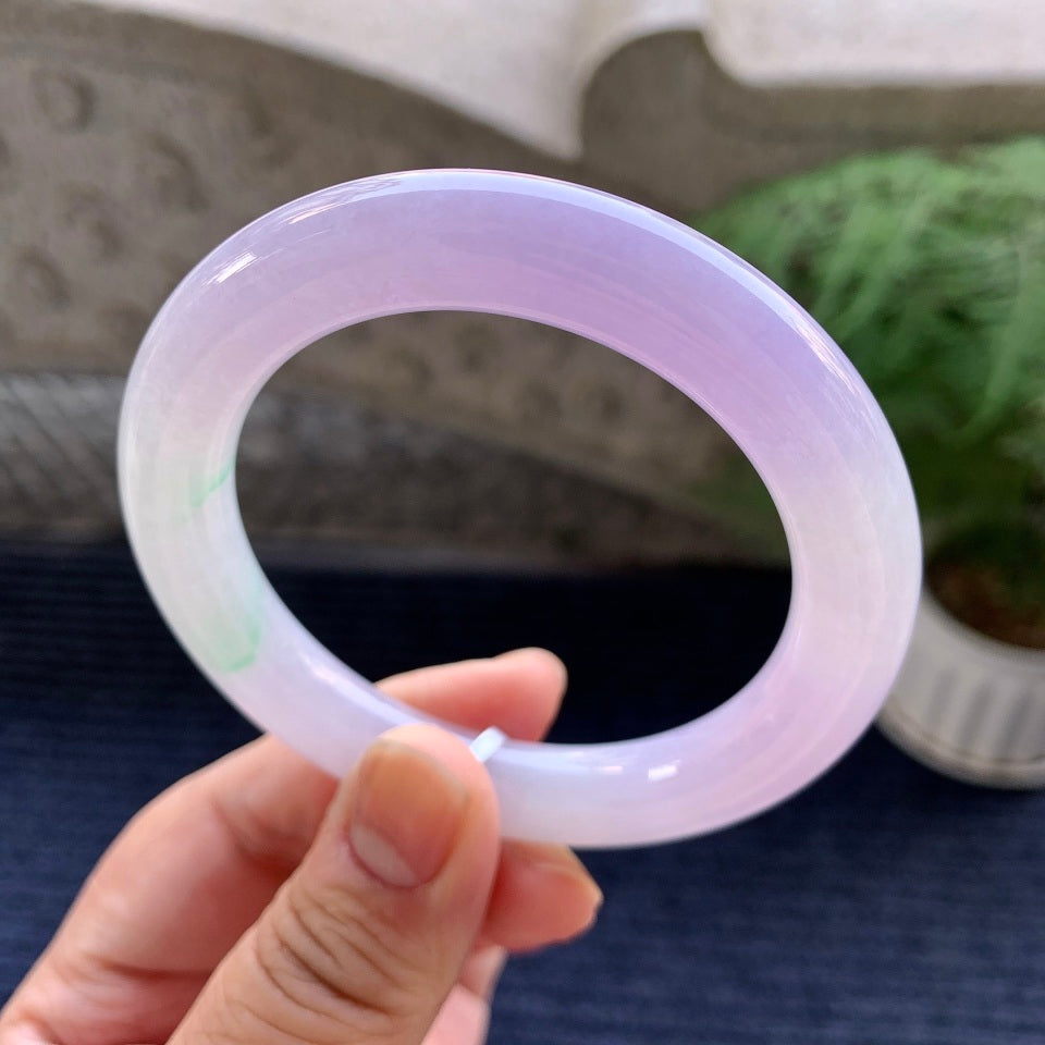 糯冰种紫罗兰飘绿花圆条手镯（55mm）（yc079318）