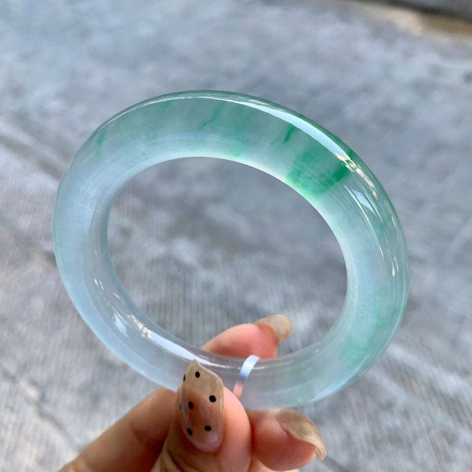 高冰飘绿翡翠圆条手镯镯心一套（52.8mm）（yc025803）