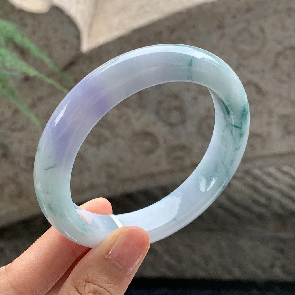 细糯种 飘花带紫正圈平安镯 58.5圈 天然缅甸A货翡翠（yc701201）