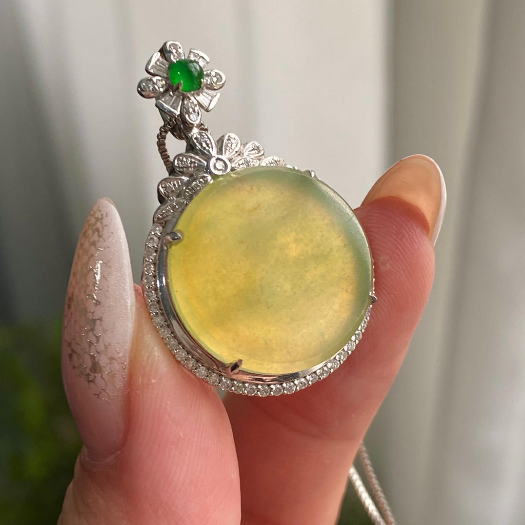 18k金钻镶冰种黄翡圆牌吊坠（yc206764）