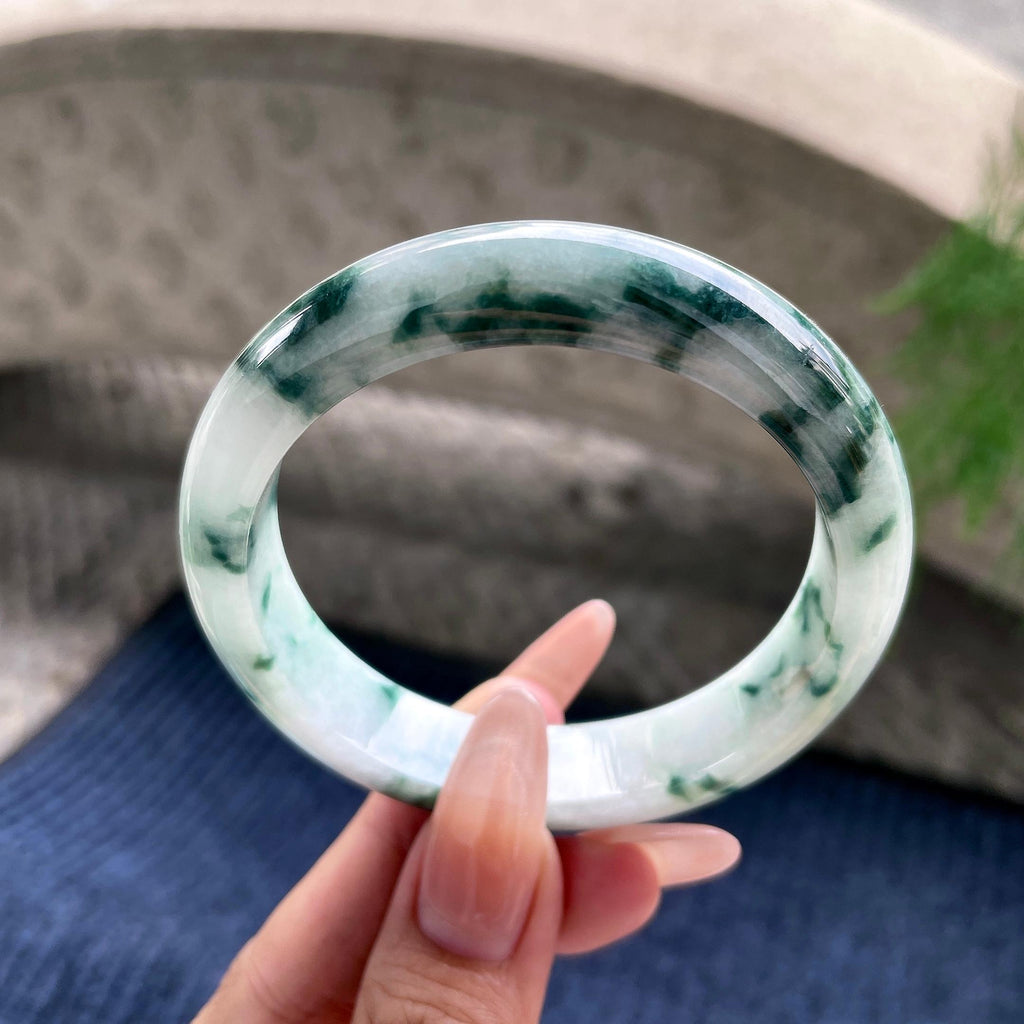 糯种蓝飘花正圈平安镯 57圈口 天然缅甸A货翡翠（yc530797）
