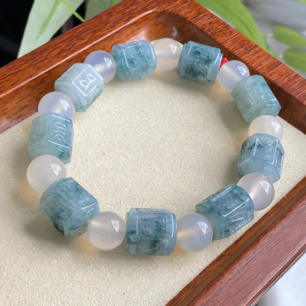 糯冰种飘花六字真言单圈手串（yc196880）