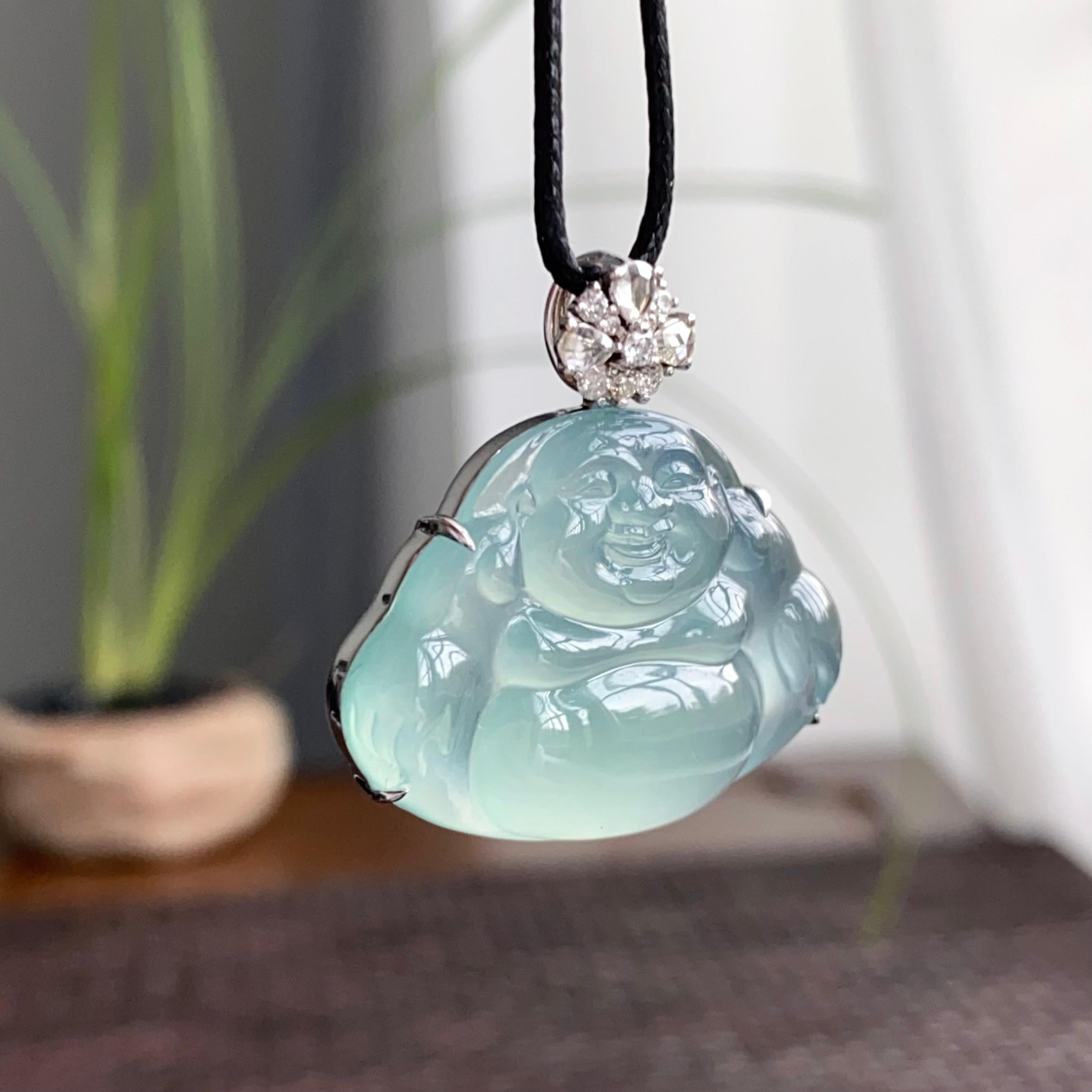 18k金钻镶冰种蓝底佛公吊坠（yc250332）