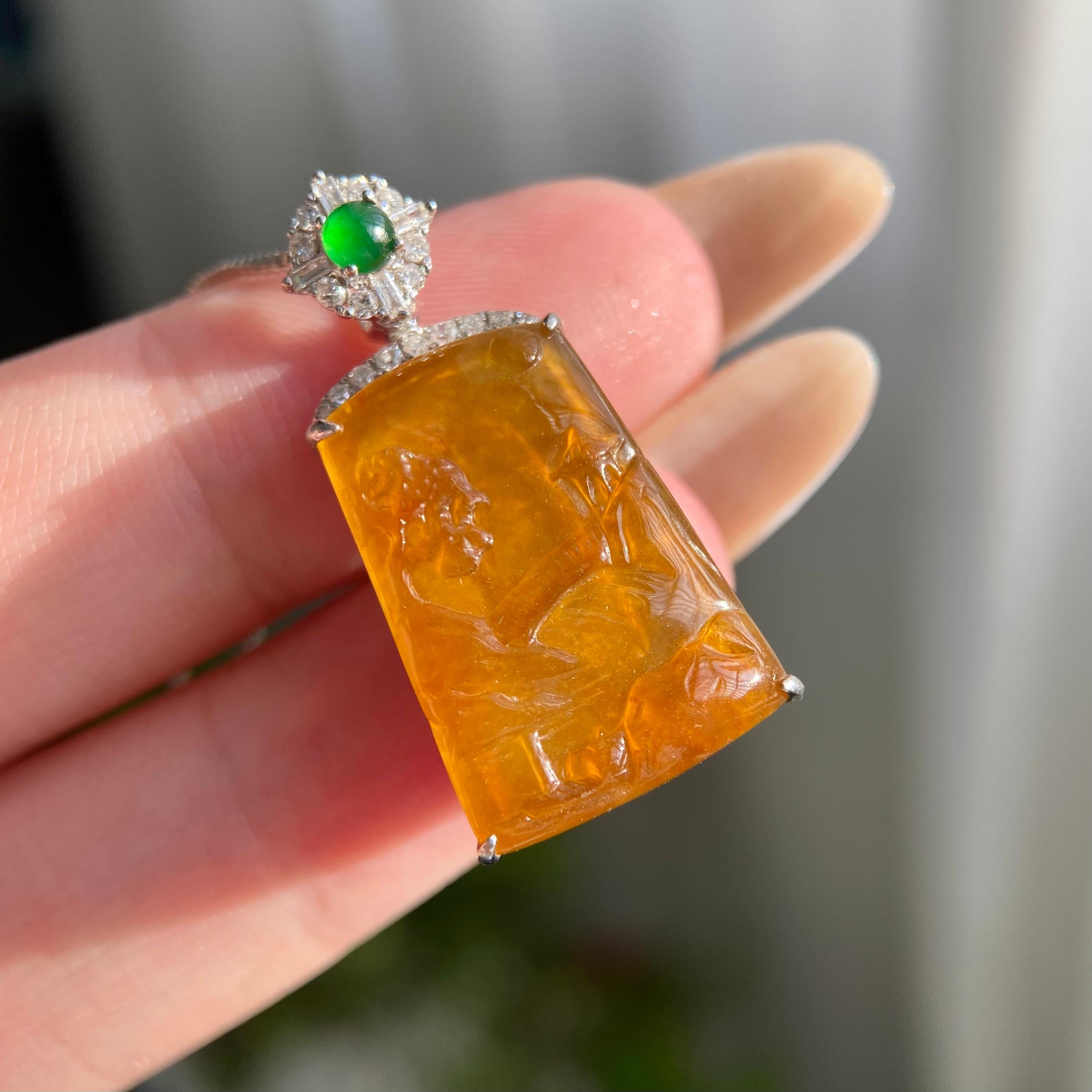 18k金钻镶冰种黄翡山水牌吊坠（yc216834）