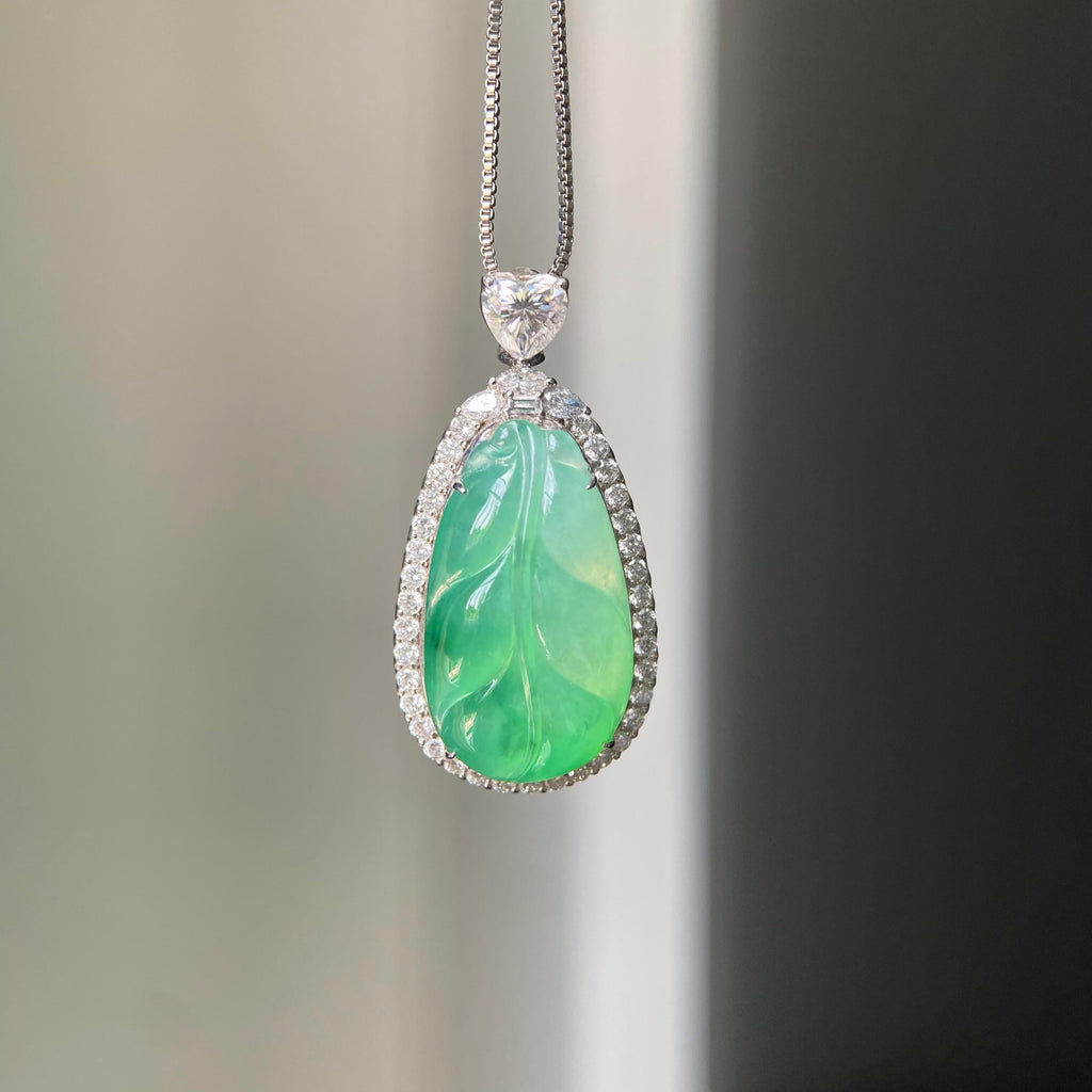 18k金钻镶冰种飘花玉叶吊坠（yc217131）