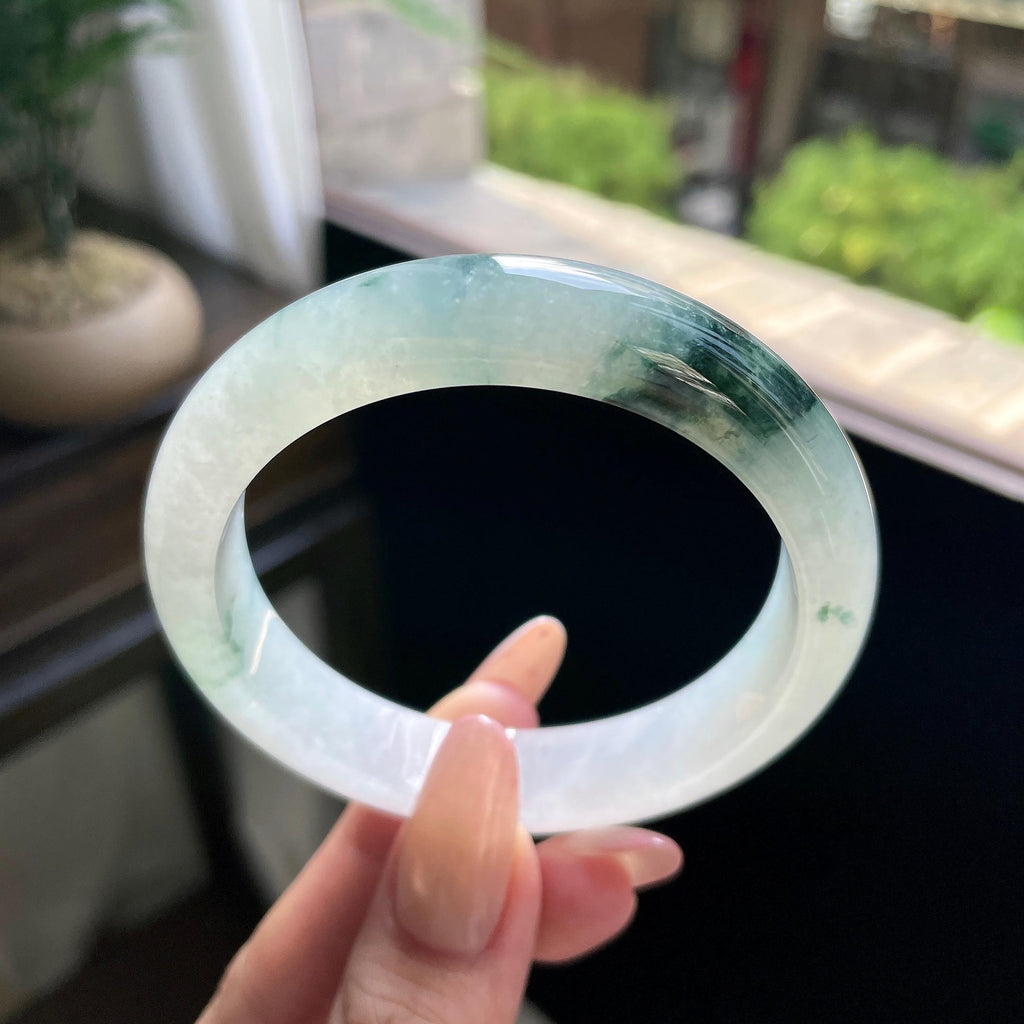糯冰种绿飘花正圈平安镯 57圈 天然缅甸A货翡翠（yc693134）