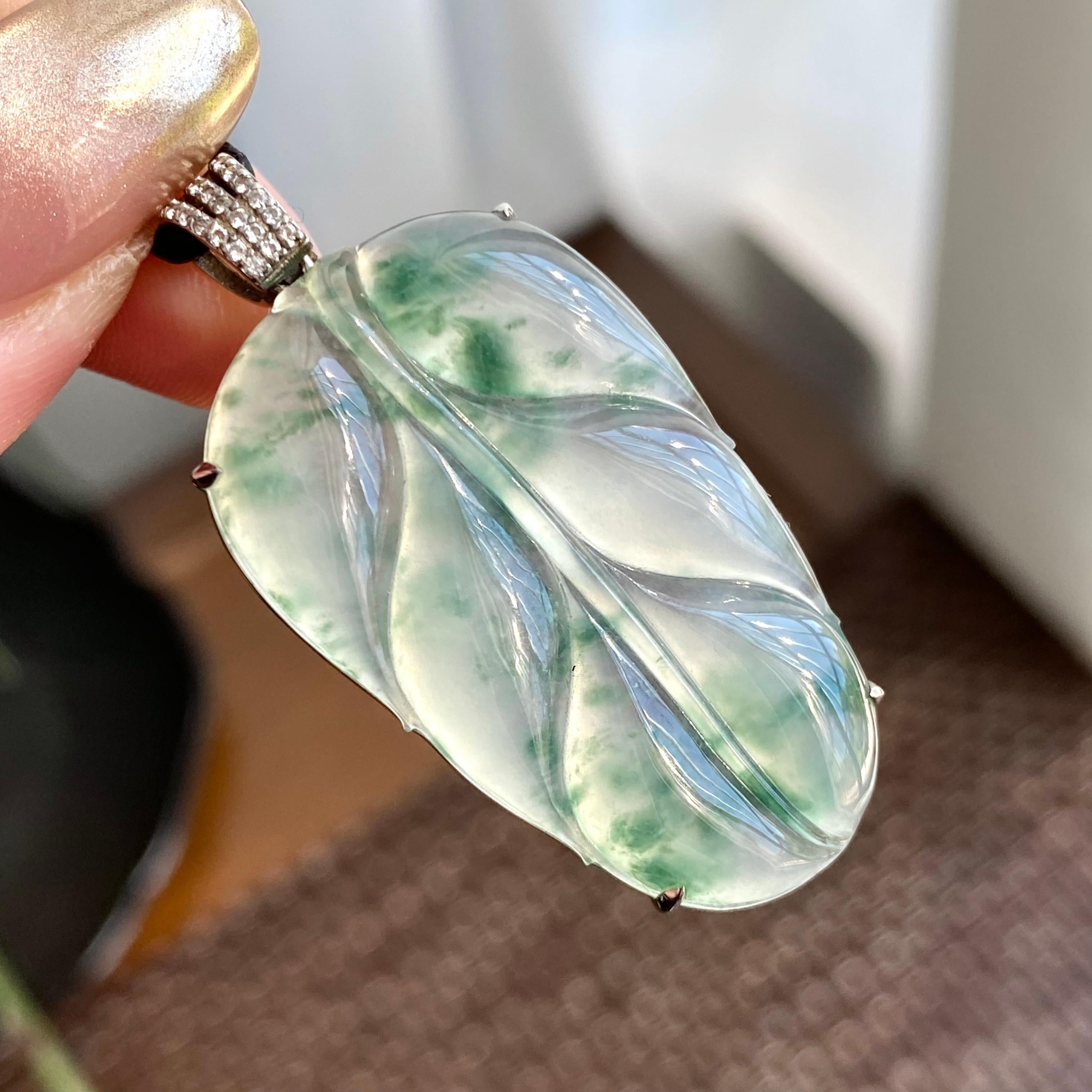 18k金钻镶冰种飘花玉叶吊坠（yc266216）