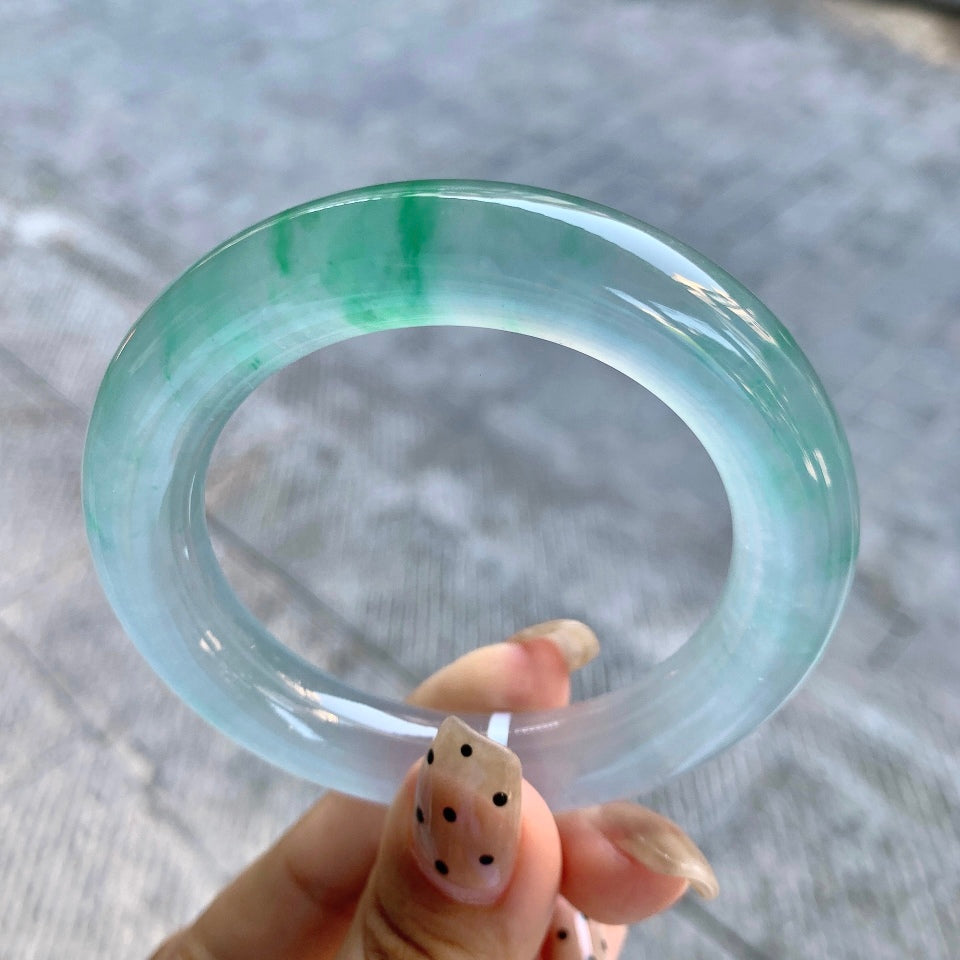 高冰飘绿翡翠圆条手镯镯心一套（52.8mm）（yc025803）