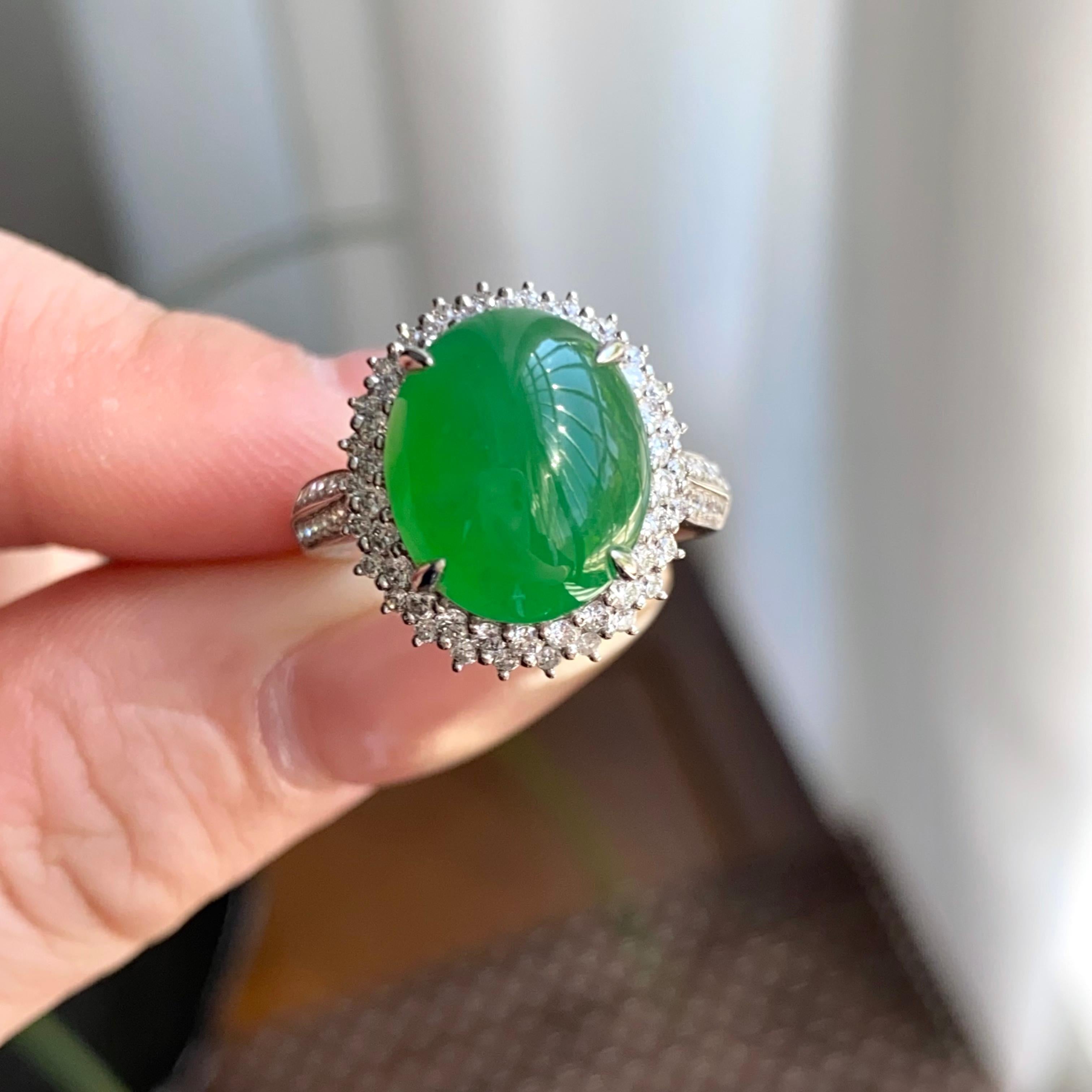 18k金钻镶冰种满绿蛋面戒指（yc264991）