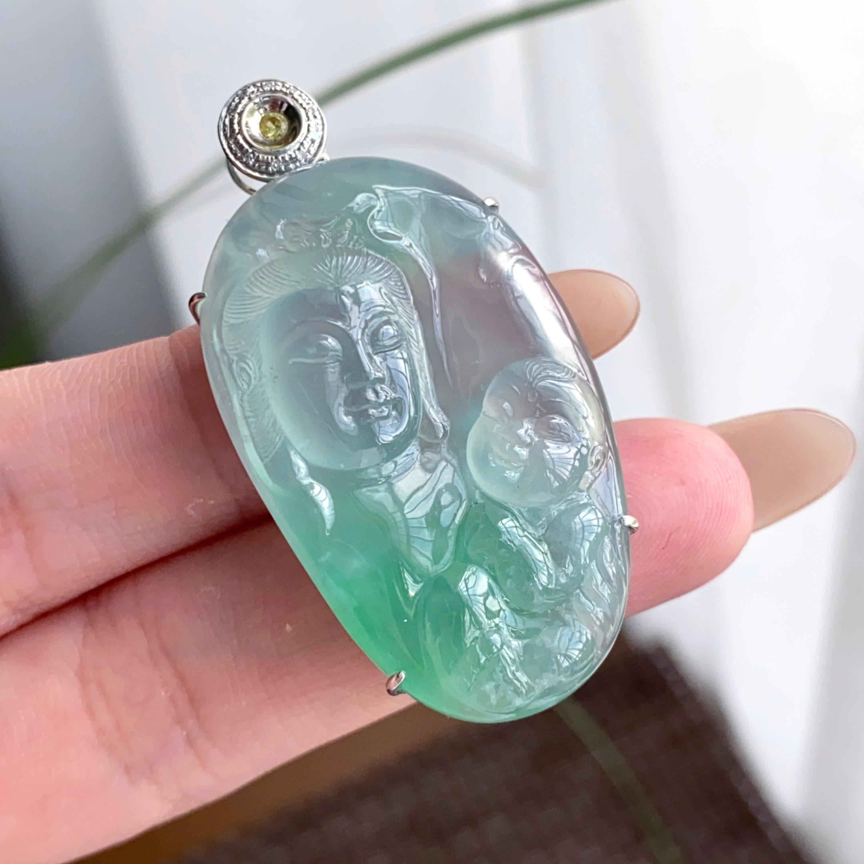 18k金钻镶冰种飘花送子观音吊坠（yc250320）