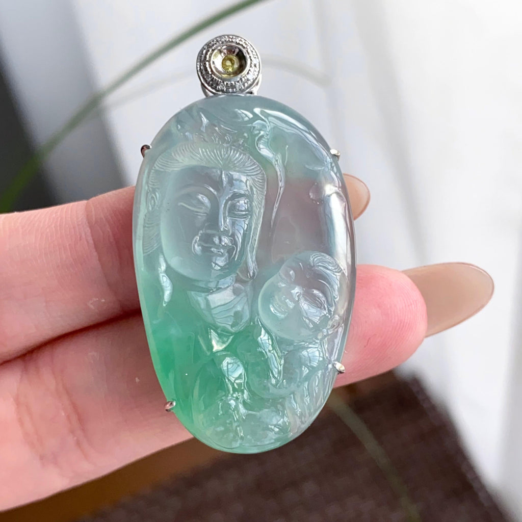 18k金钻镶冰种飘花送子观音吊坠（yc250320）