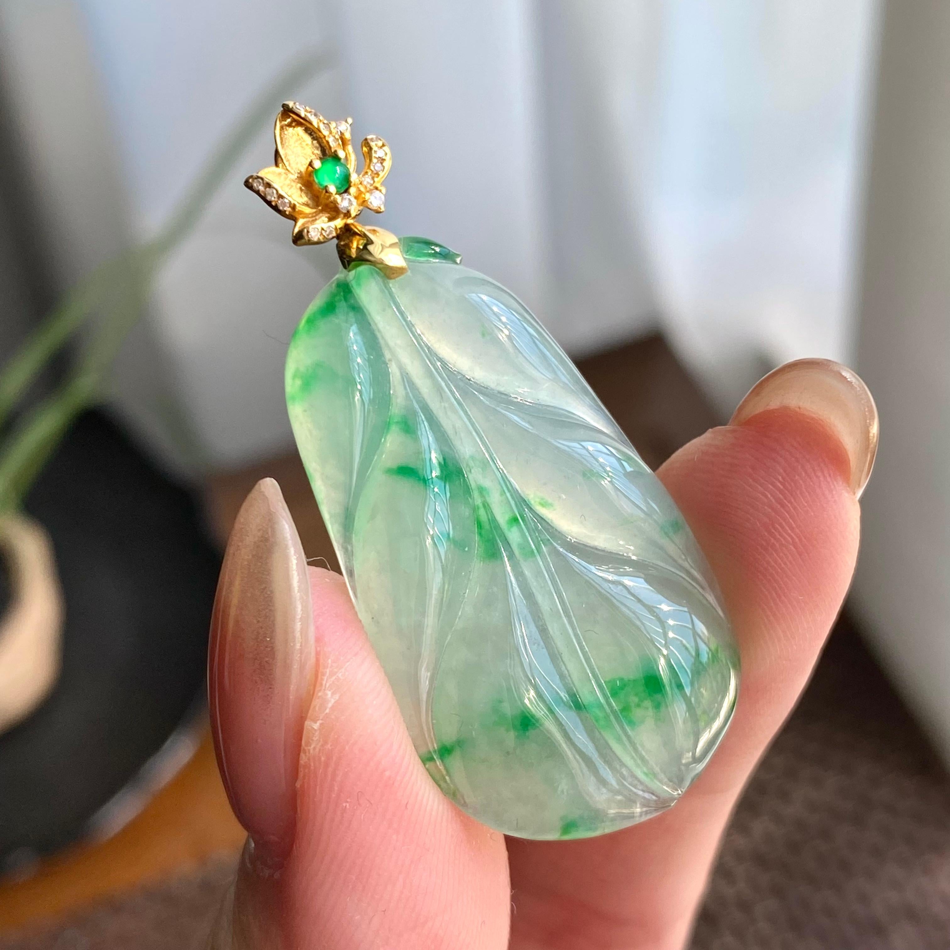 18k金钻镶冰种飘花玉叶吊坠（yc266215）