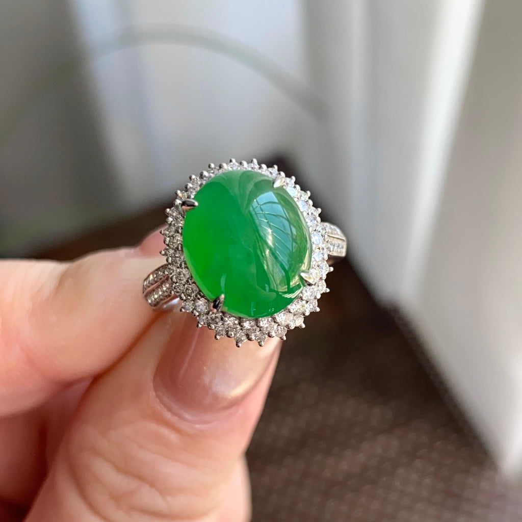 18k金钻镶冰种满绿蛋面戒指（yc264991）