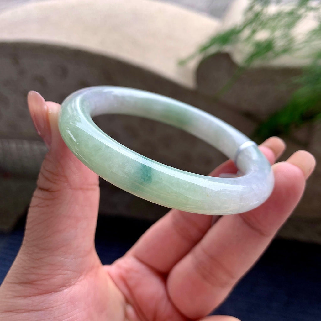细糯种晴底飘蓝花圆条手镯 53.3圈口 天然缅甸A货翡翠（yc699661）