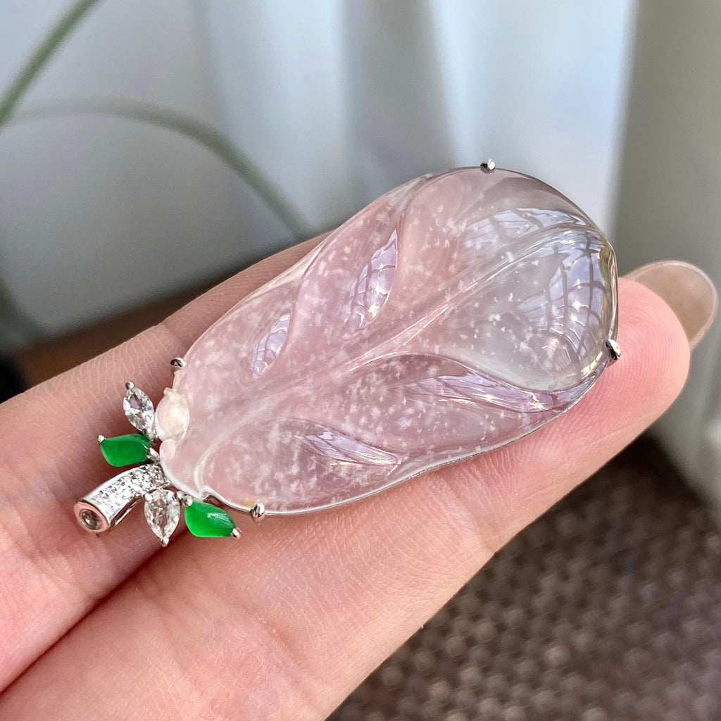 18k金钻镶高冰种雪花棉玉叶吊坠（yc266155）