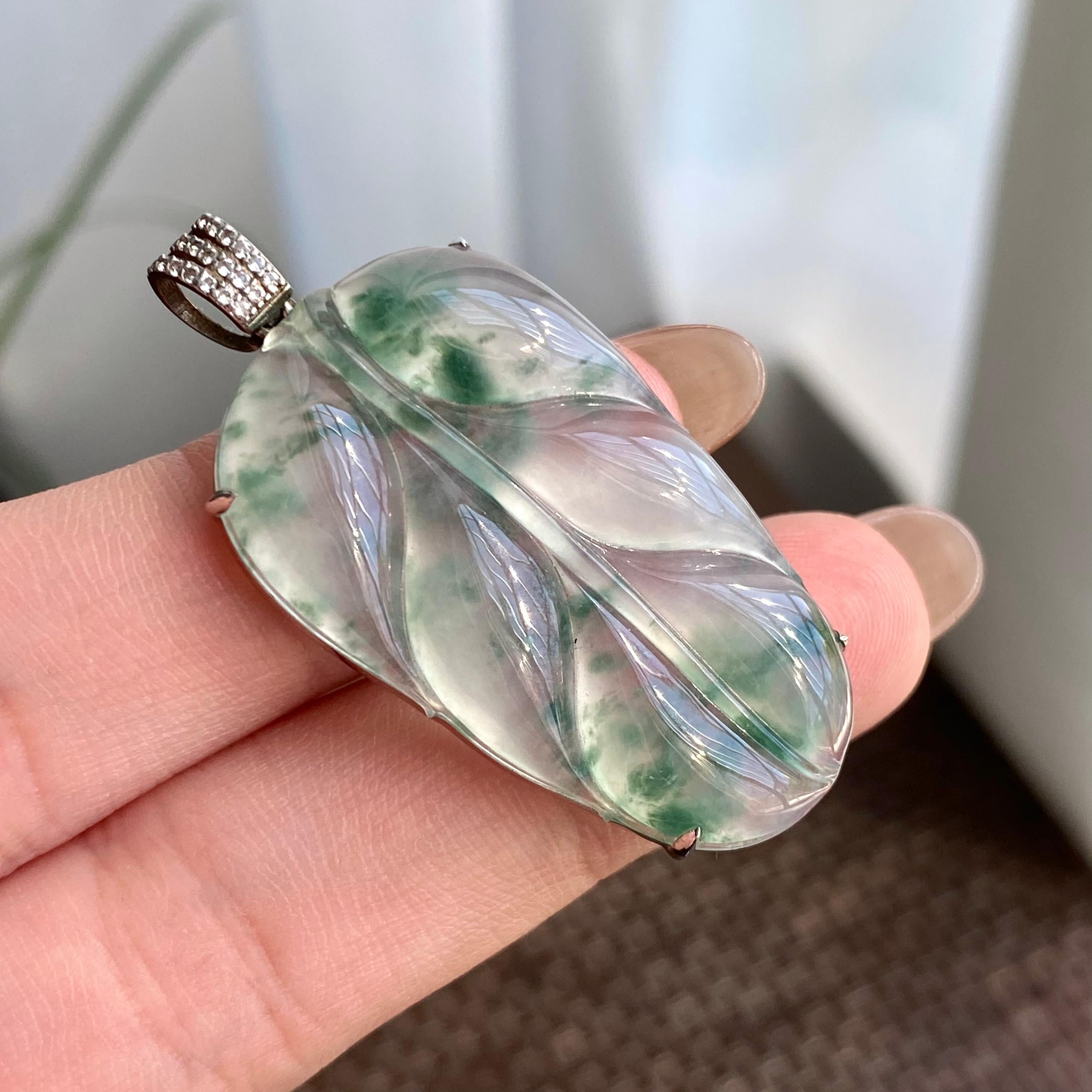 18k金钻镶冰种飘花玉叶吊坠（yc266216）