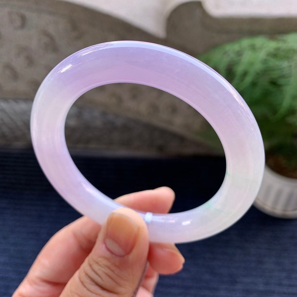 糯冰种紫罗兰飘绿花圆条手镯（55mm）（yc079318）