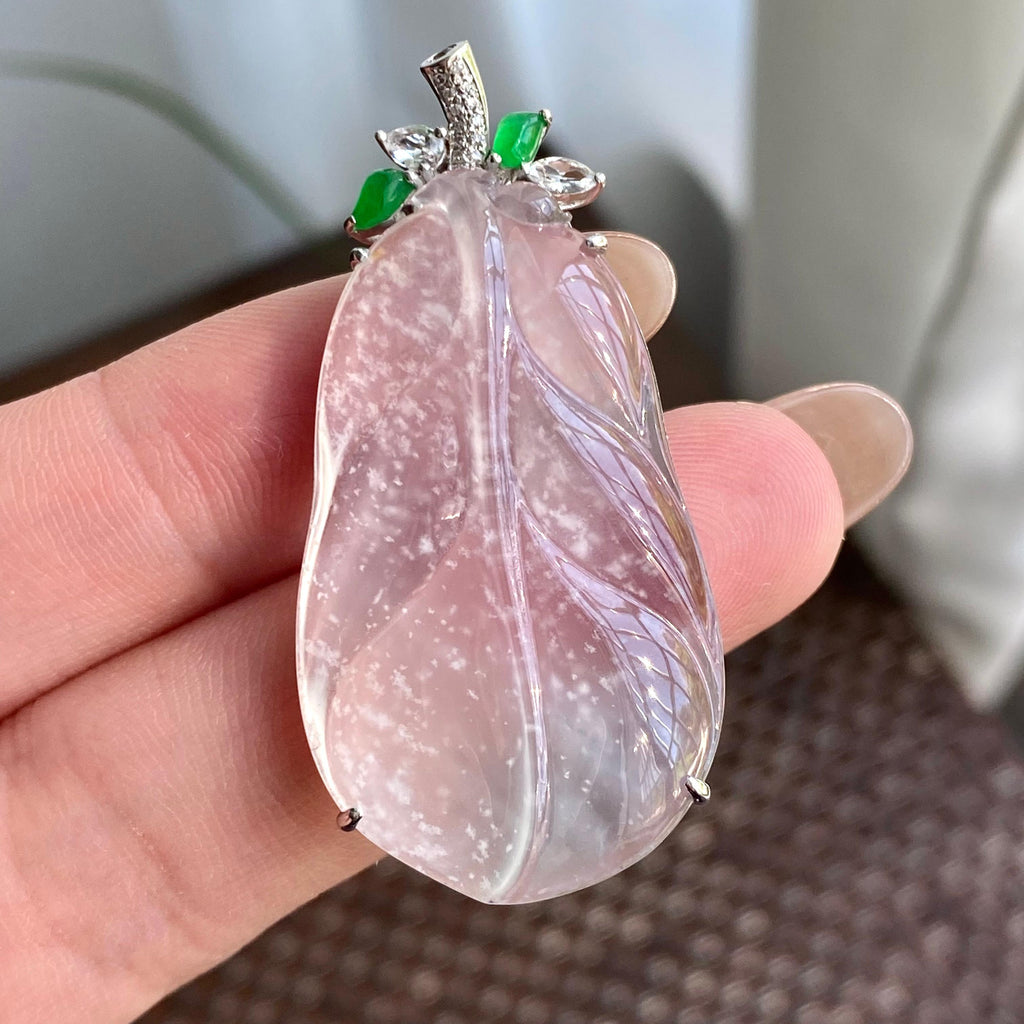 18k金钻镶高冰种雪花棉玉叶吊坠（yc266155）