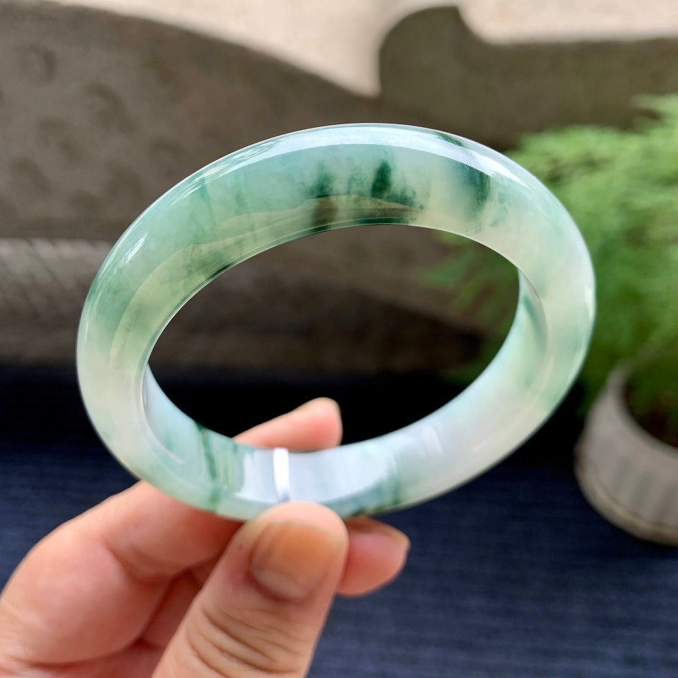 细糯种飘蓝绿花平安镯（55.8mm）（yc107777）
