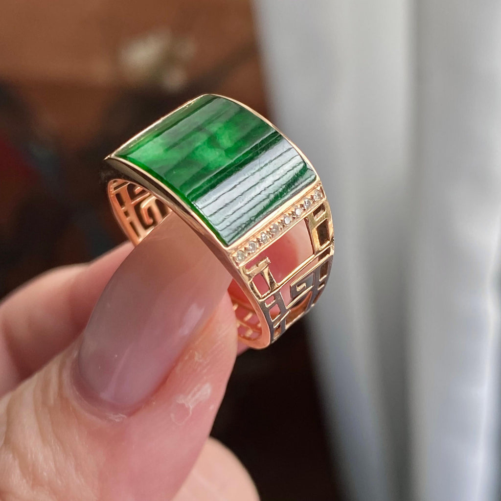 18k金钻镶细糯种辣阳绿方形戒指（yc235144）