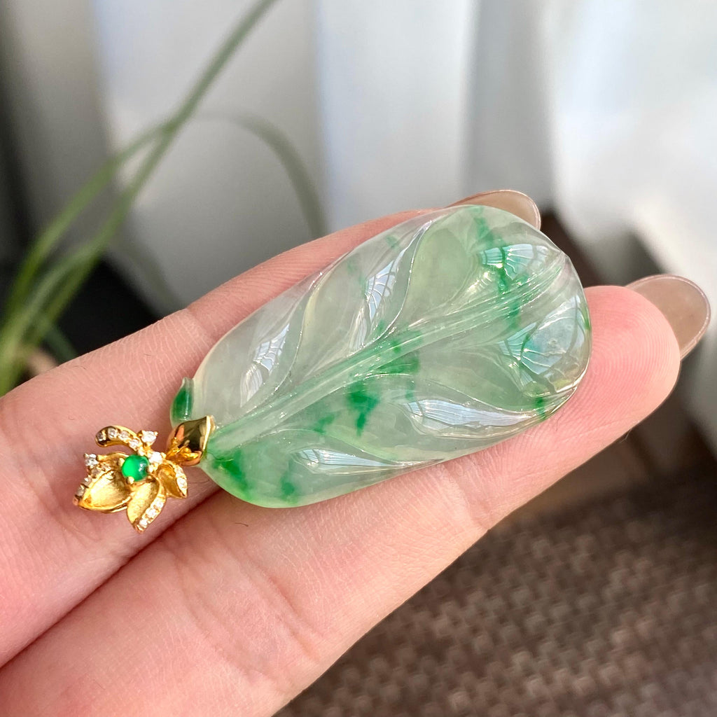 18k金钻镶冰种飘花玉叶吊坠（yc266215）