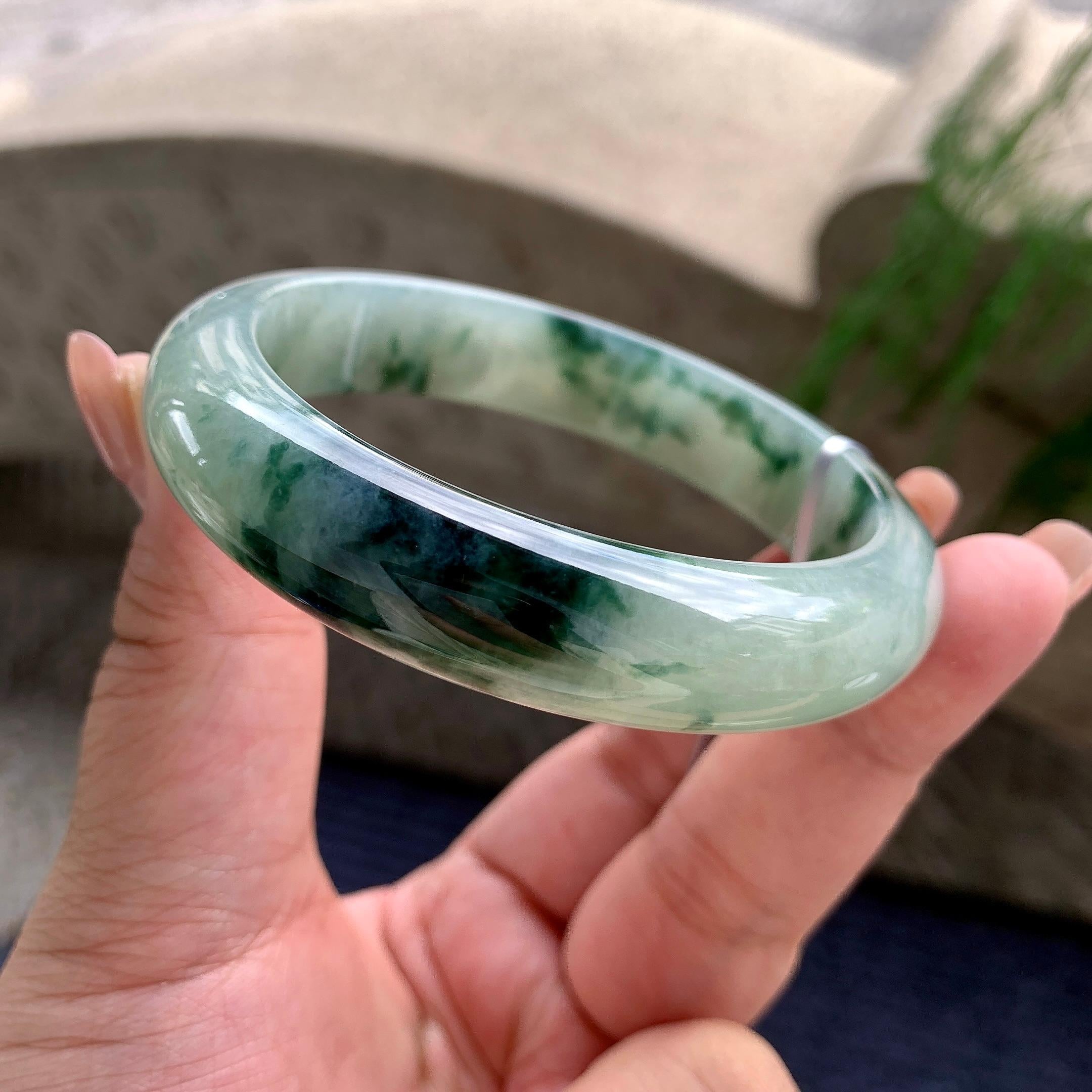 大圈口 细糯种飘蓝花正圈平安镯 60圈口 天然缅甸A货翡翠（yc532826）