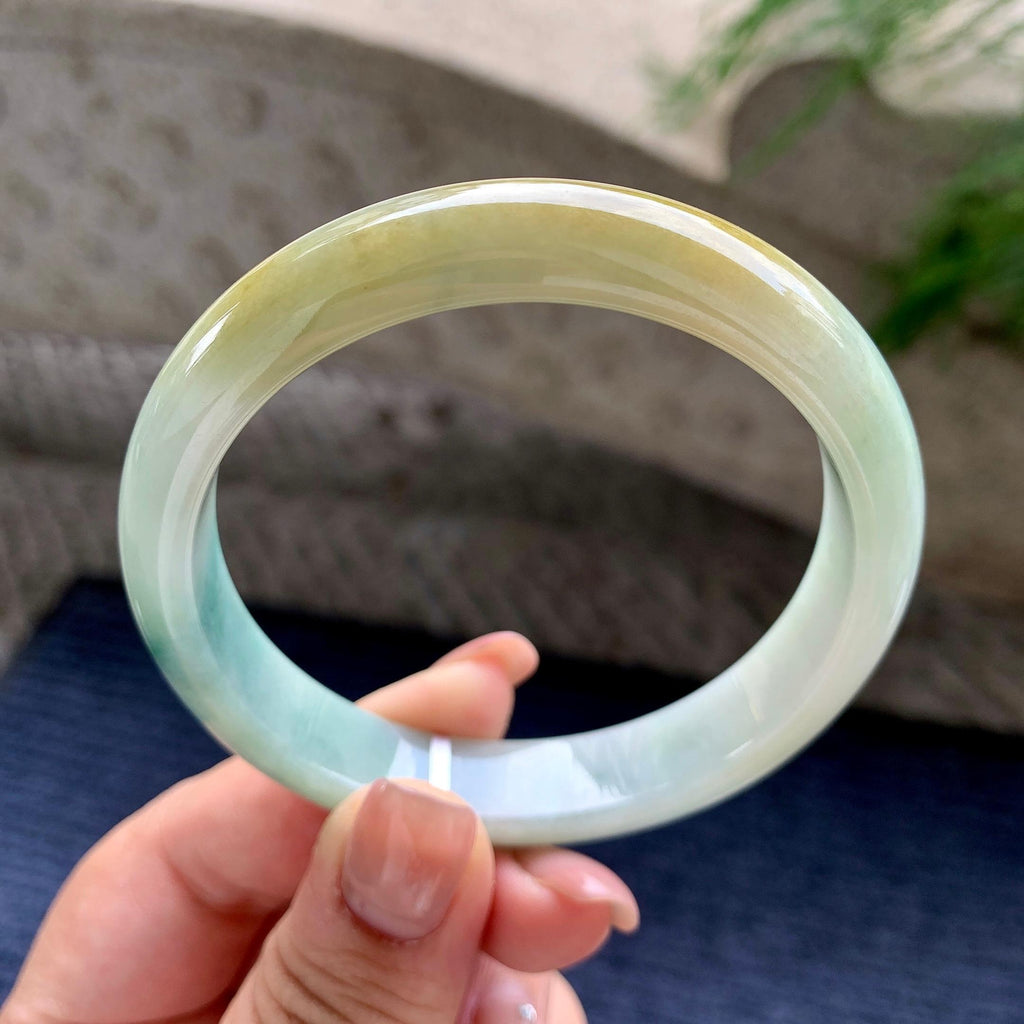 大圈口 细糯种黄翡飘蓝花正圈平安镯 59圈口 天然缅甸A货翡翠（yc524449）