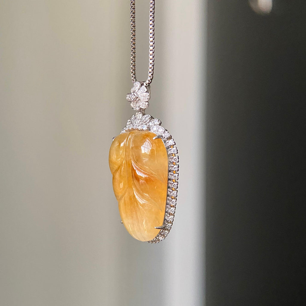 18k金钻镶冰种黄翡玉叶吊坠（yc219270）